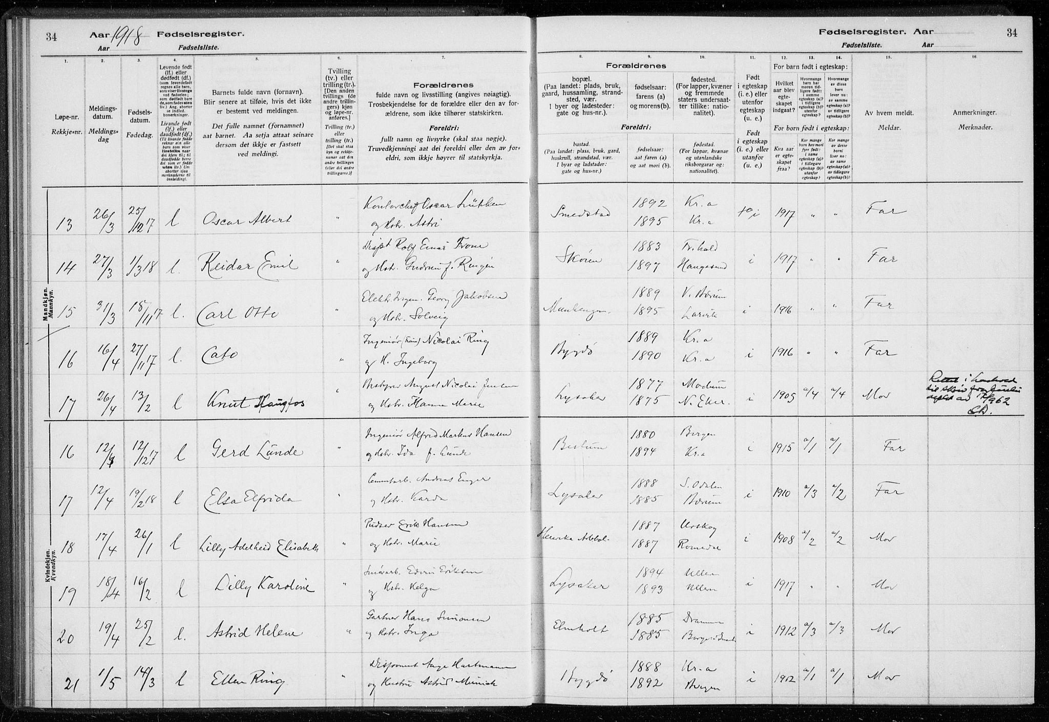 Ullern prestekontor Kirkebøker, AV/SAO-A-10740/J/L0001: Fødselsregister nr. 1, 1916-1928, s. 34