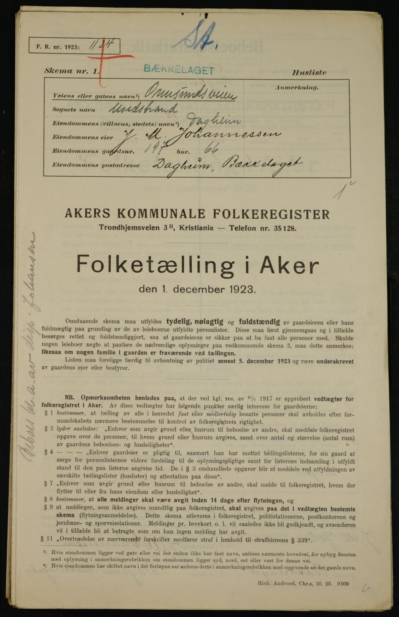 , Kommunal folketelling 1.12.1923 for Aker, 1923, s. 43214