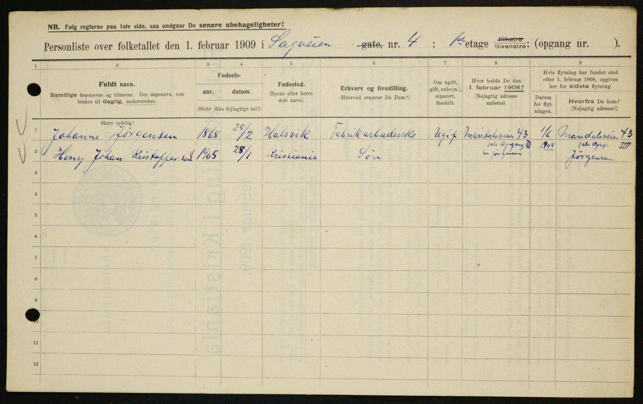 OBA, Kommunal folketelling 1.2.1909 for Kristiania kjøpstad, 1909, s. 78592