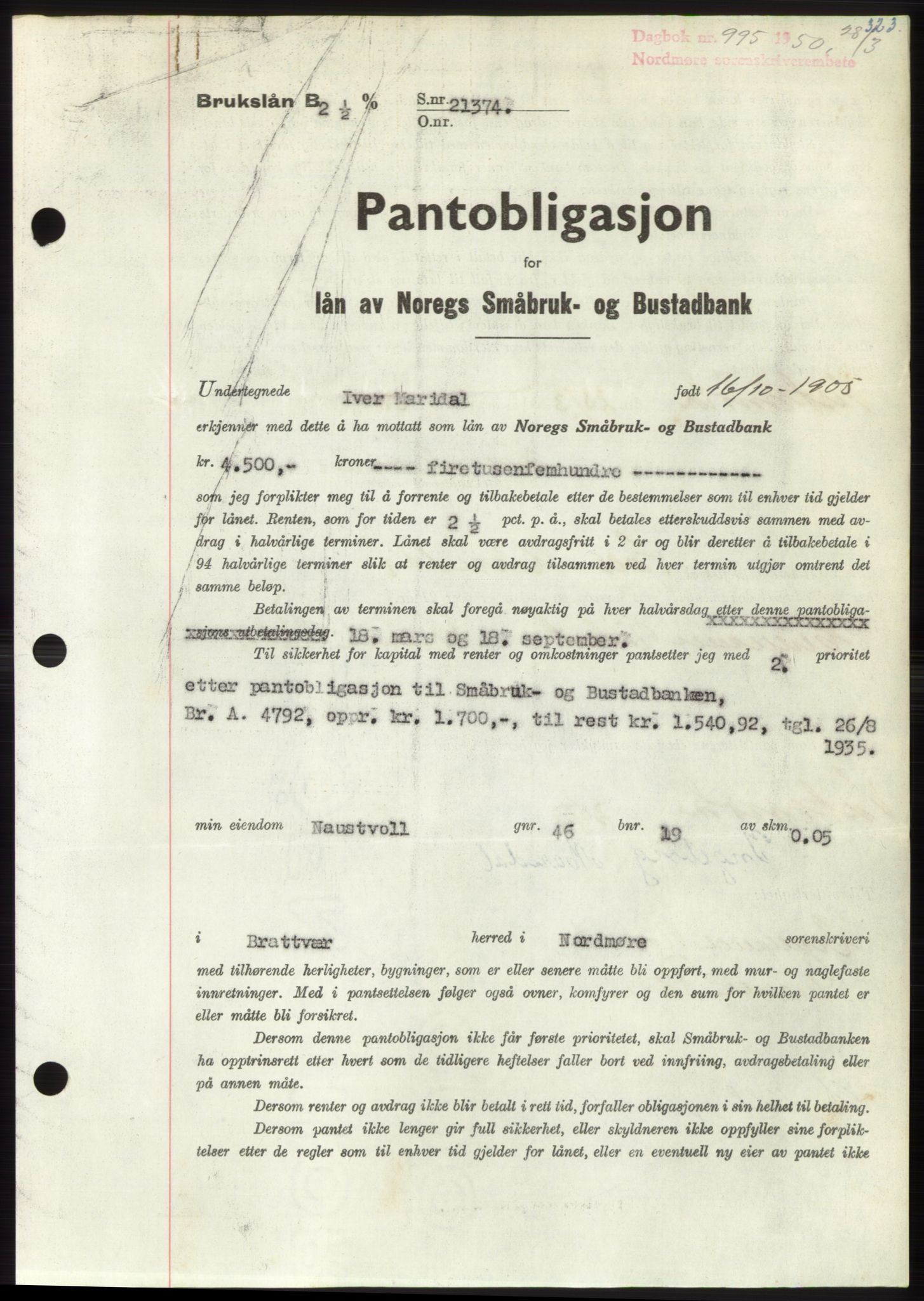 Nordmøre sorenskriveri, SAT/A-4132/1/2/2Ca: Pantebok nr. B104, 1950-1950, Dagboknr: 995/1950
