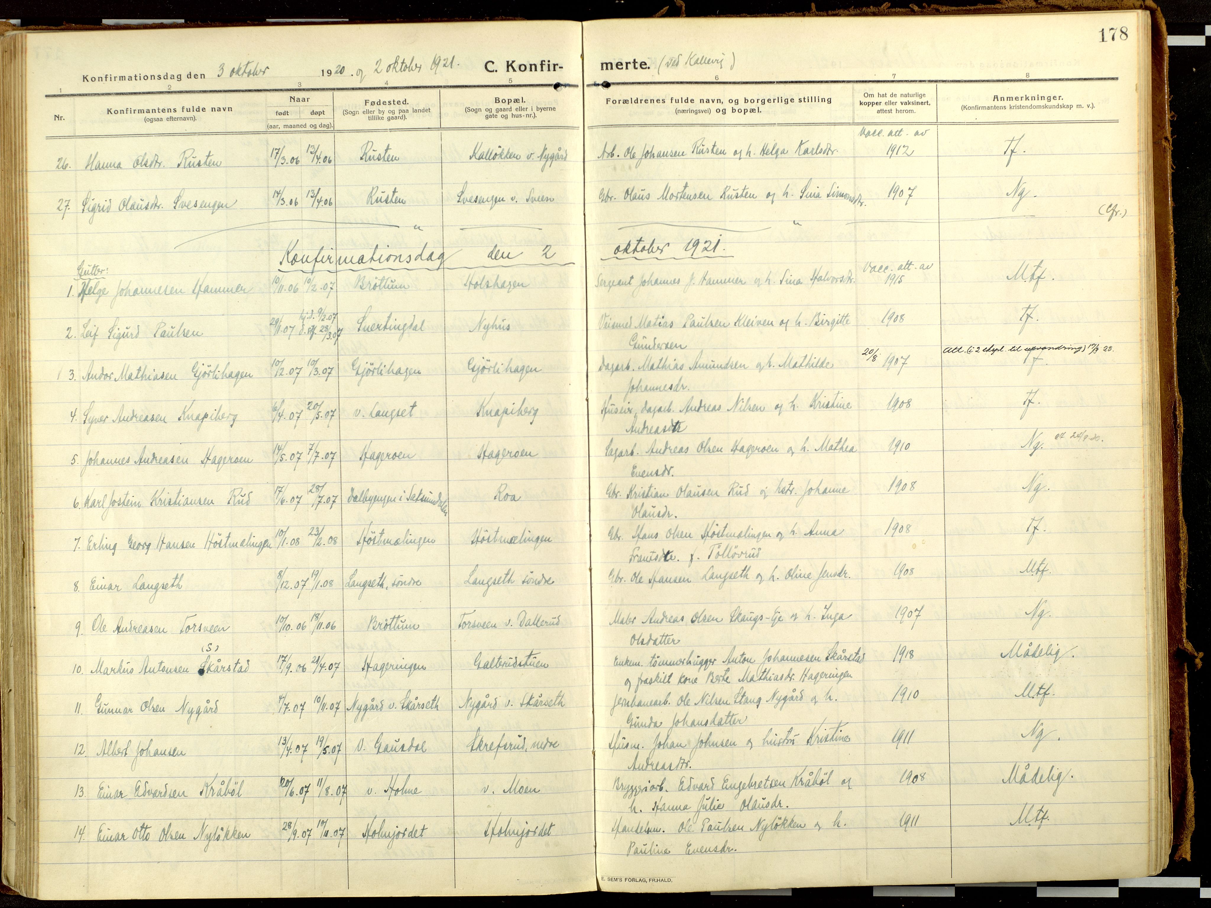 Fåberg prestekontor, AV/SAH-PREST-086/H/Ha/Haa/L0013: Ministerialbok nr. 13, 1913-1928, s. 178