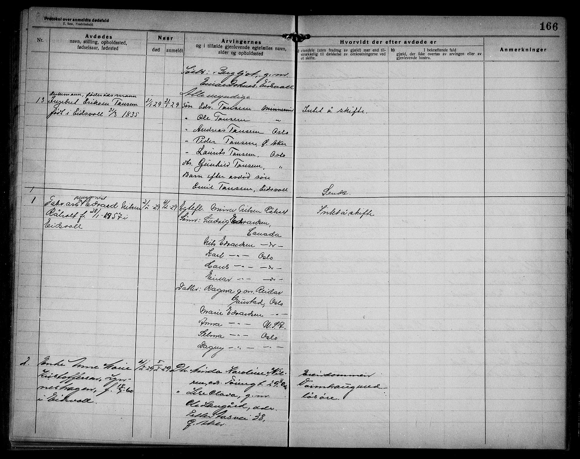 Eidsvoll lensmannskontor, AV/SAO-A-10266a/H/Ha/Haa/L0005: Dødsfallprotokoll, 1921-1930, s. 166