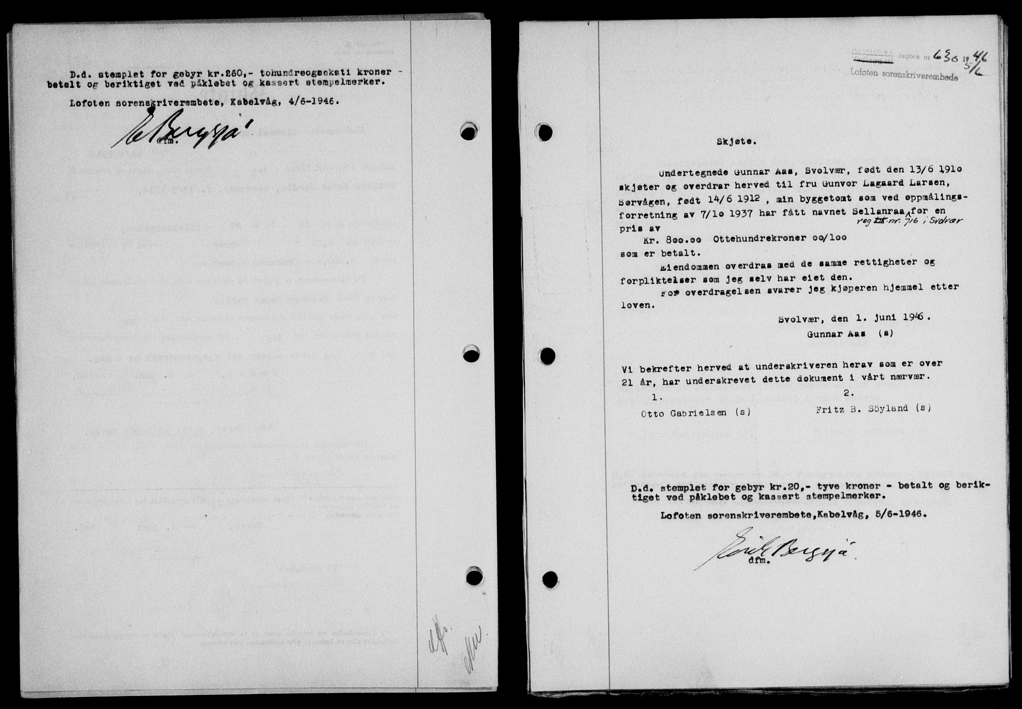 Lofoten sorenskriveri, SAT/A-0017/1/2/2C/L0014a: Pantebok nr. 14a, 1946-1946, Dagboknr: 630/1946