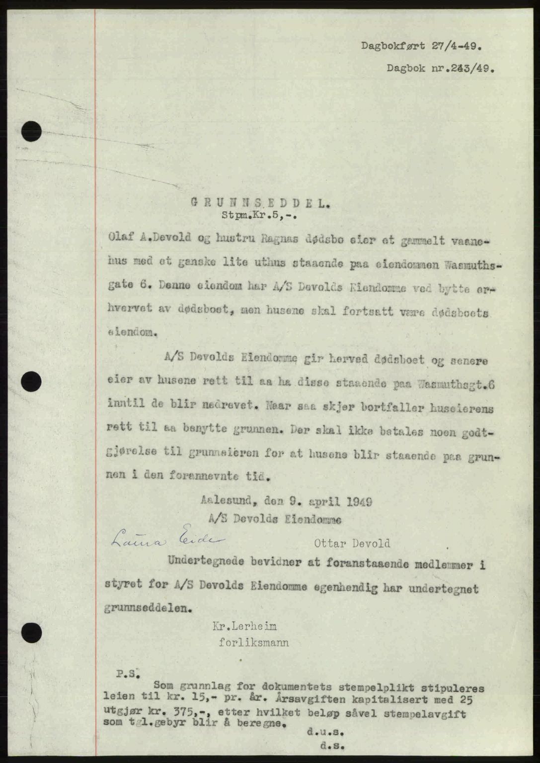 Ålesund byfogd, AV/SAT-A-4384: Pantebok nr. 37A (1), 1947-1949, Dagboknr: 243/1949