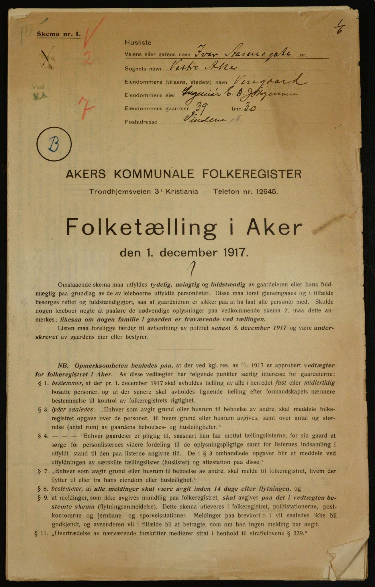 OBA, Kommunal folketelling 1.12.1917 for Aker, 1917, s. 6465