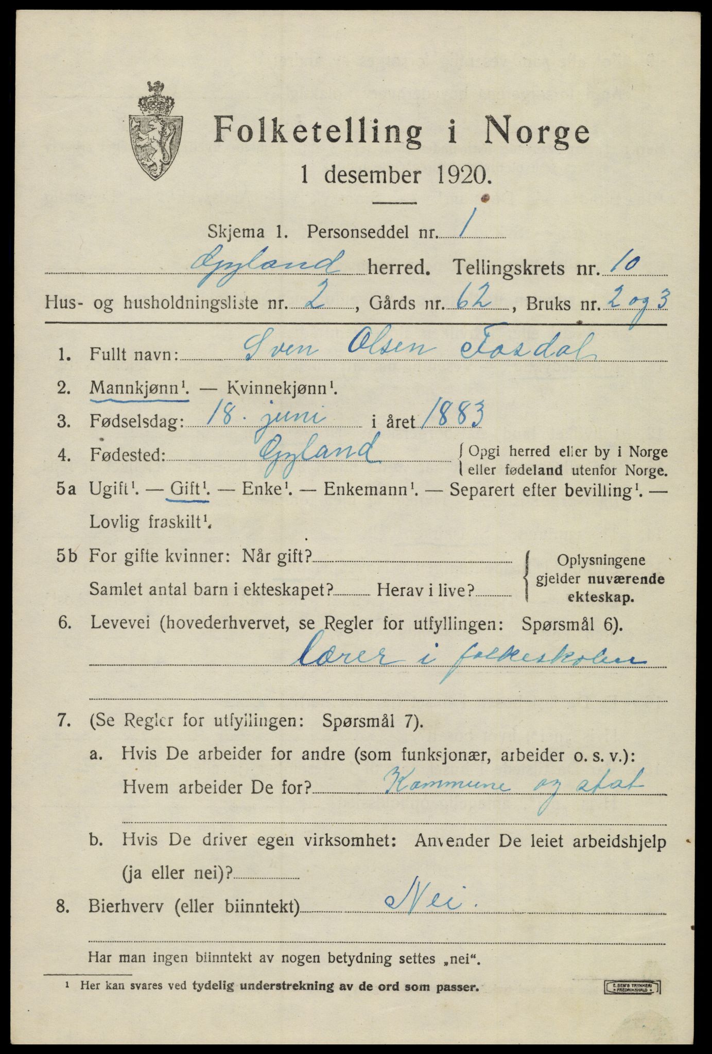 SAK, Folketelling 1920 for 1044 Gyland herred, 1920, s. 2186