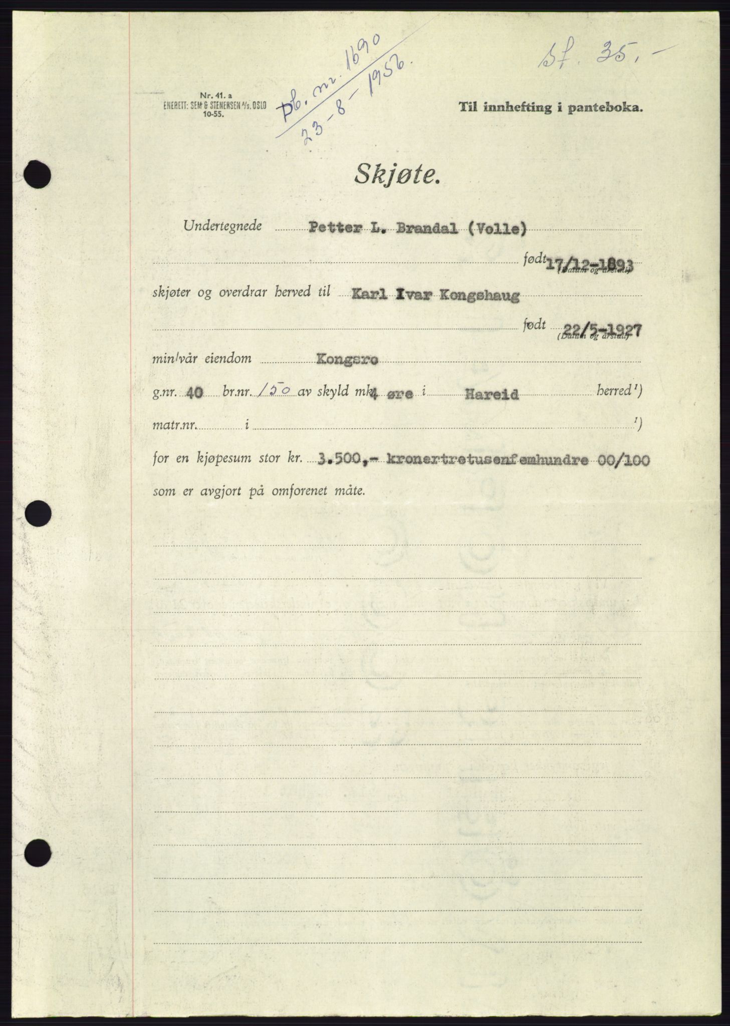 Søre Sunnmøre sorenskriveri, AV/SAT-A-4122/1/2/2C/L0104: Pantebok nr. 30A, 1956-1956, Dagboknr: 1690/1956