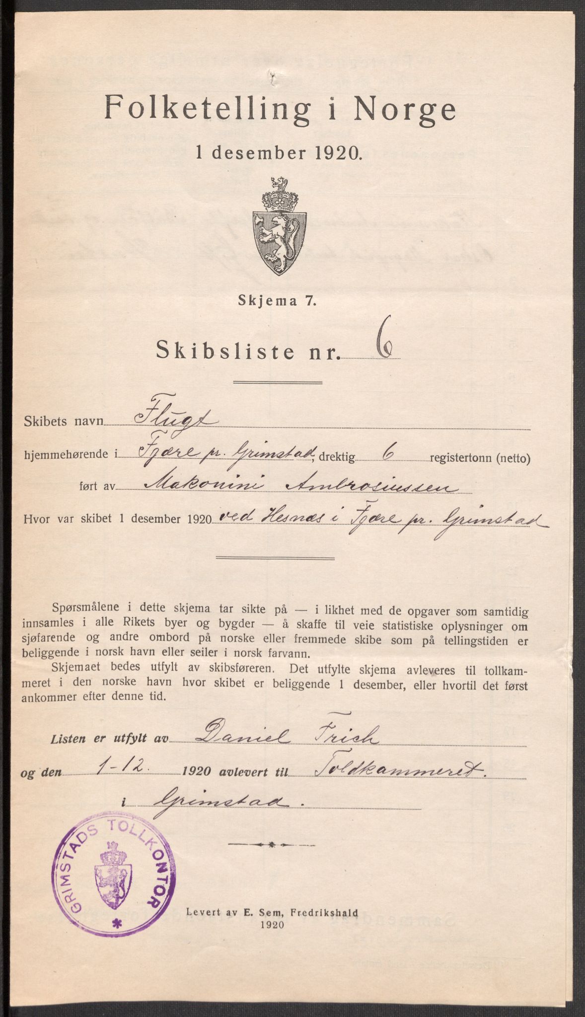 SAK, Folketelling 1920 for 0904 Grimstad kjøpstad, 1920, s. 7296