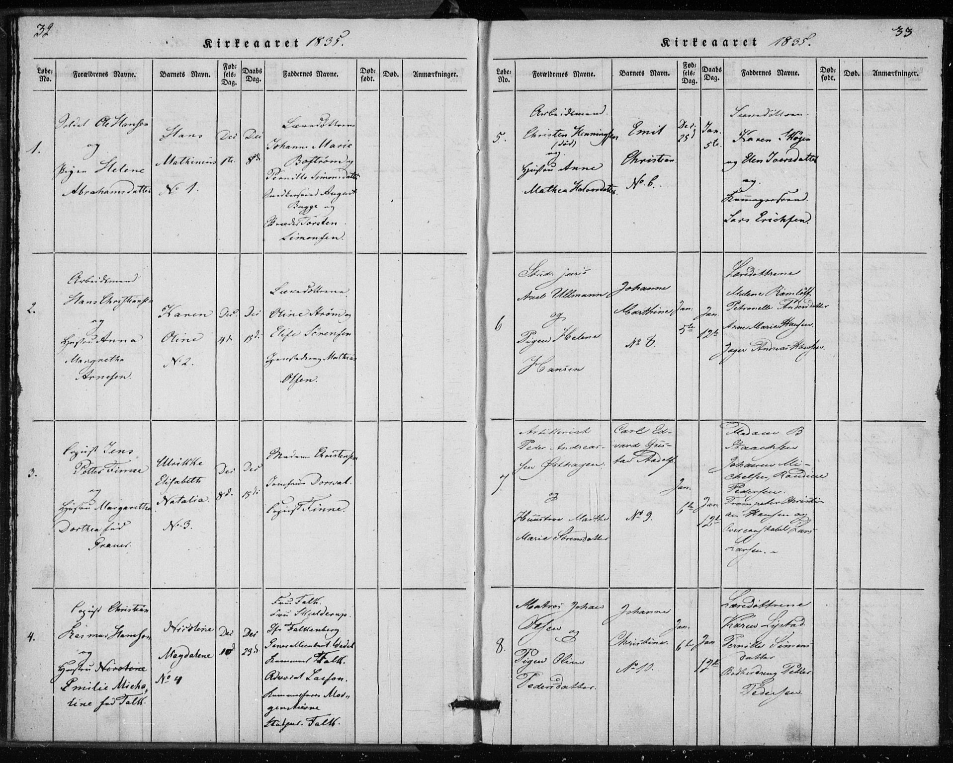 Rikshospitalet prestekontor Kirkebøker, AV/SAO-A-10309b/K/L0001/0001: Dåpsbok nr. 1.1, 1834-1842, s. 32-33