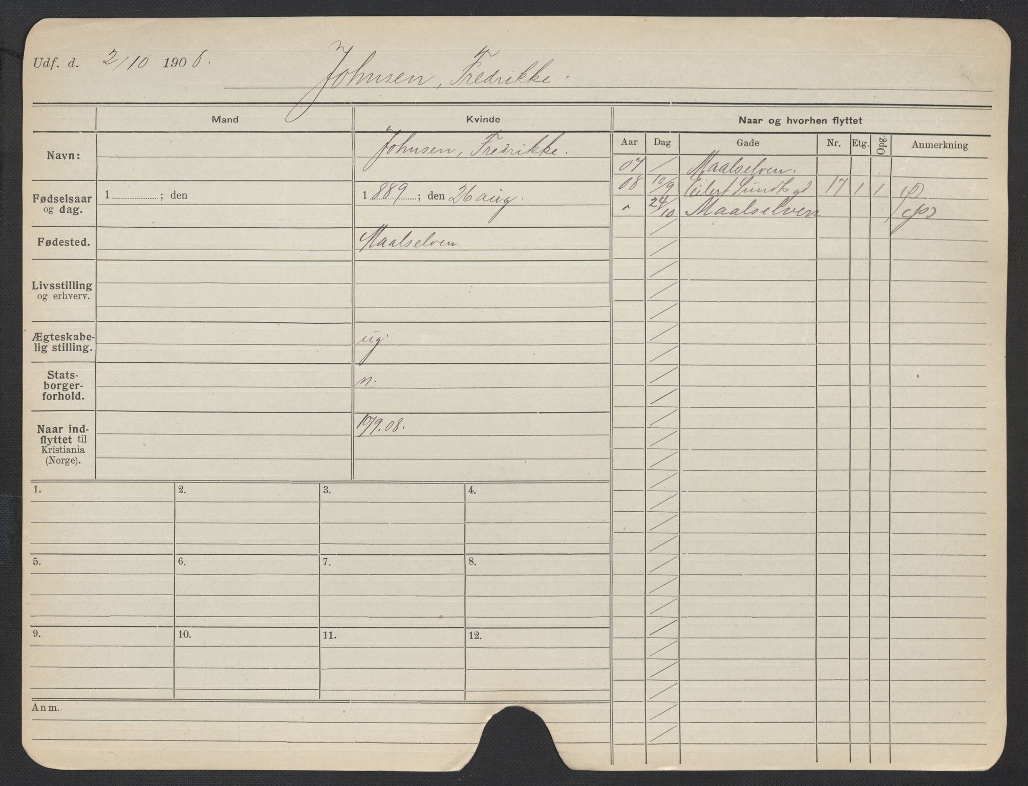 Oslo folkeregister, Registerkort, SAO/A-11715/F/Fa/Fac/L0018: Kvinner, 1906-1914, s. 501a