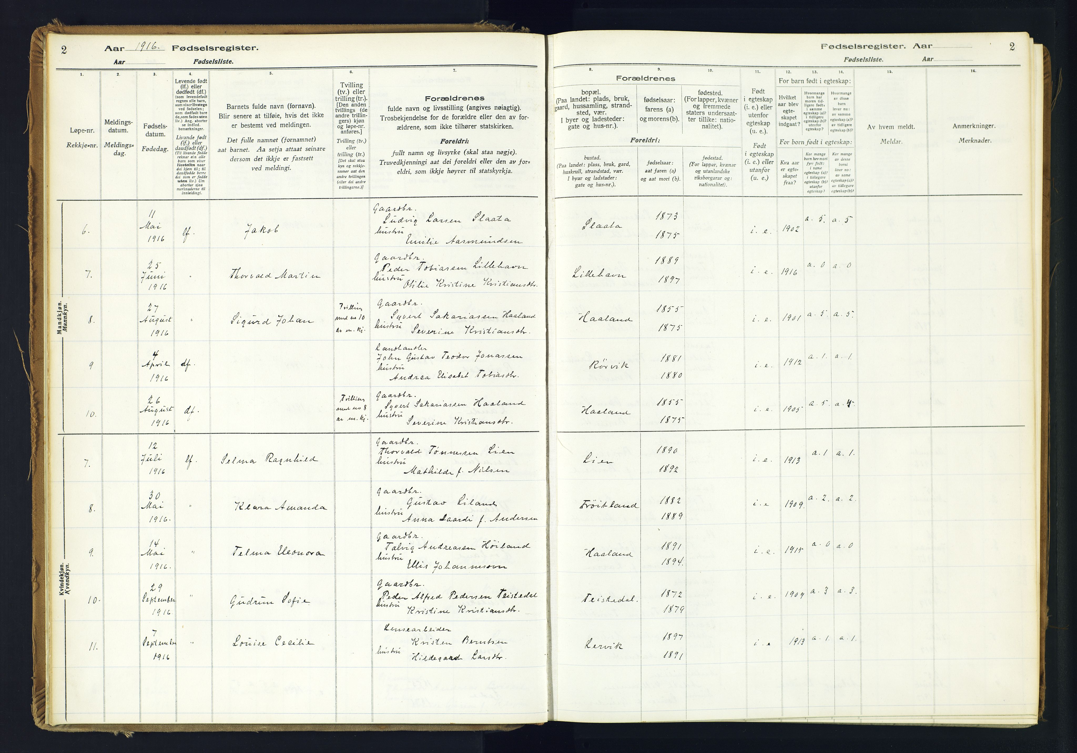 Kvinesdal sokneprestkontor, SAK/1111-0026/J/Ja/L0005: Fødselsregister nr. 5, 1916-1982, s. 2
