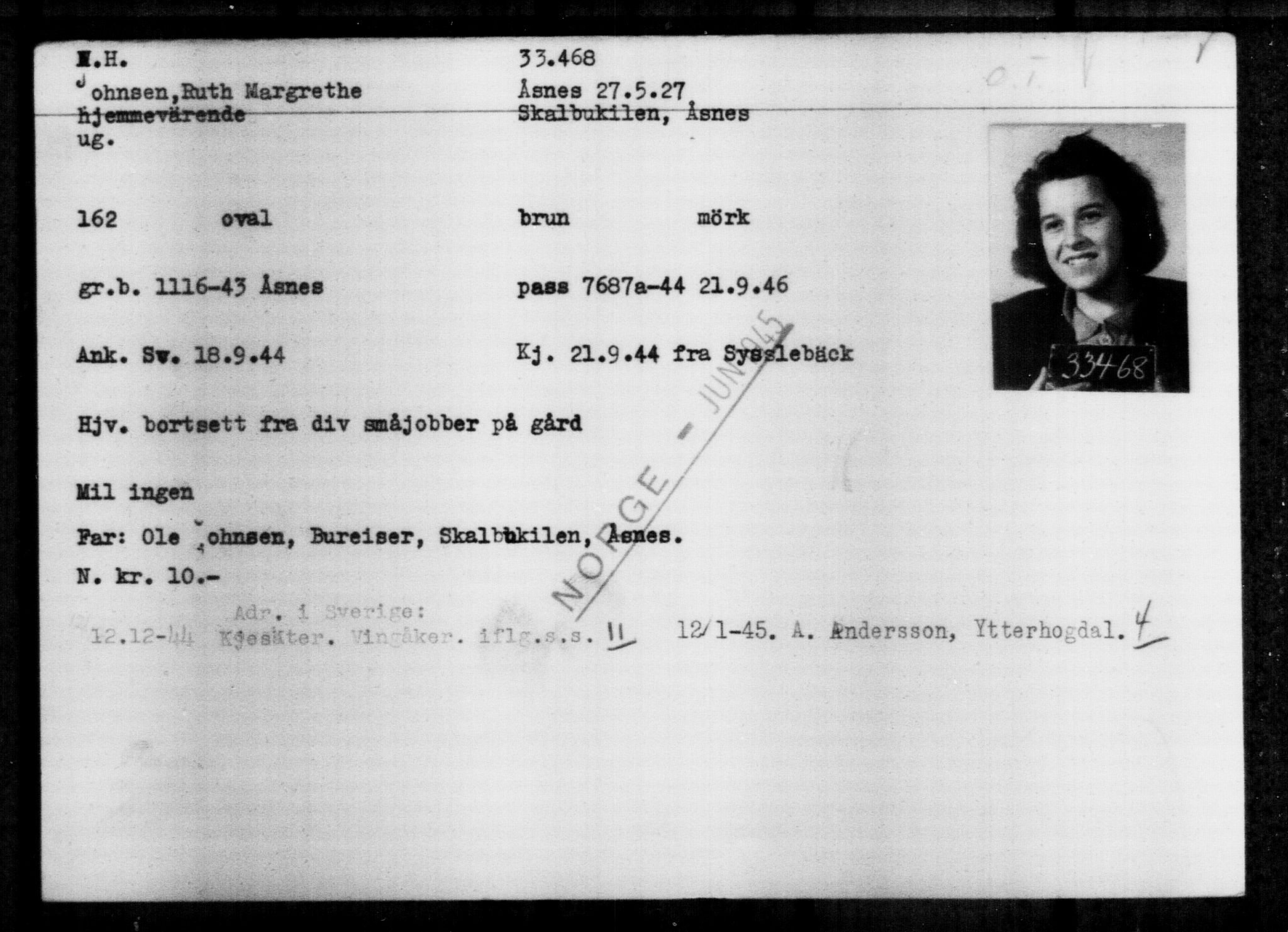 Utenriksstasjonene, Legasjonen i Stockholm, Flyktningkontoret, AV/RA-S-6753/V/Va/L0013: Kjesäterkartoteket, flyktninger med registreringsnr. 31500-34731, 1940-1945, s. 2074