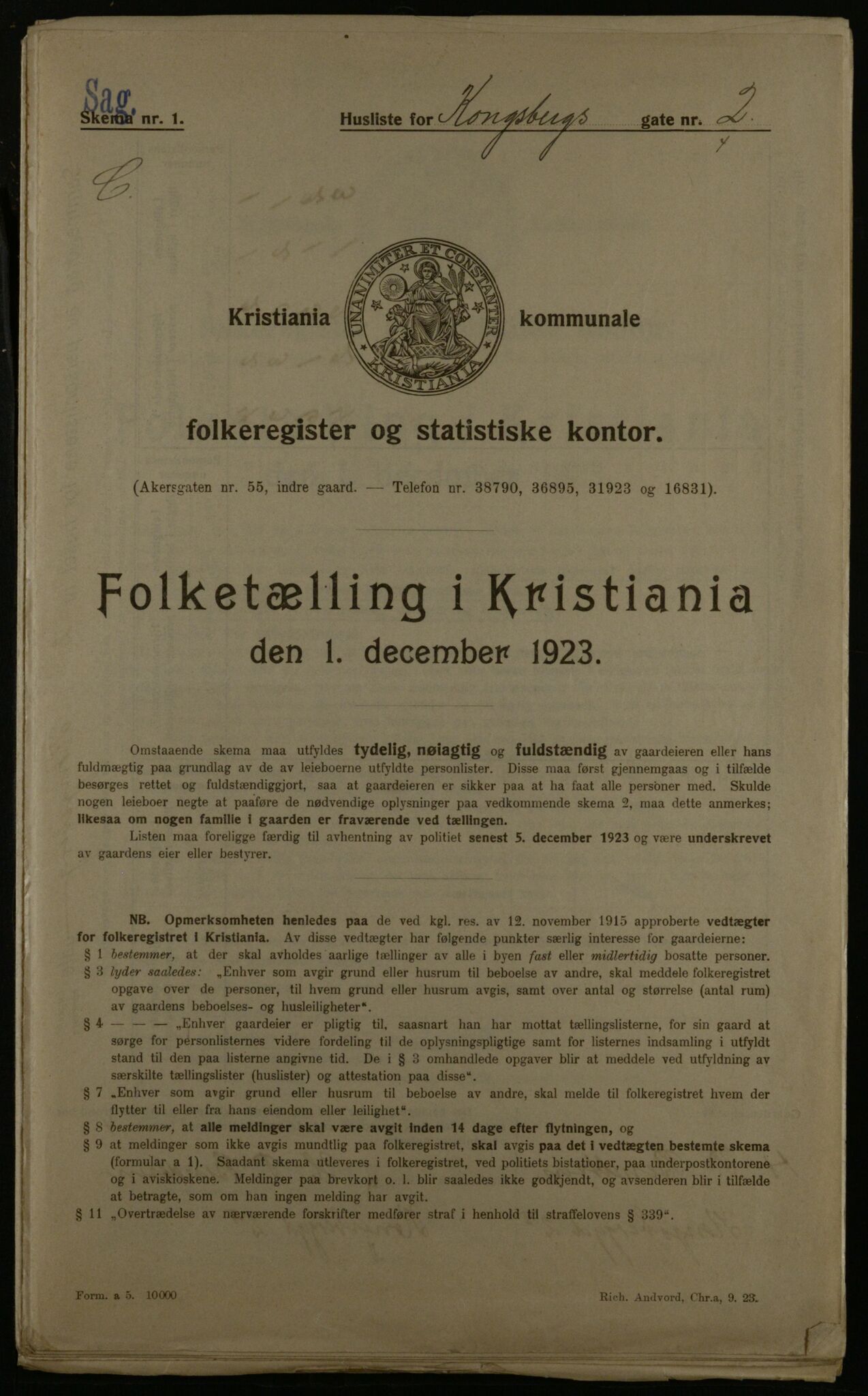 OBA, Kommunal folketelling 1.12.1923 for Kristiania, 1923, s. 58989