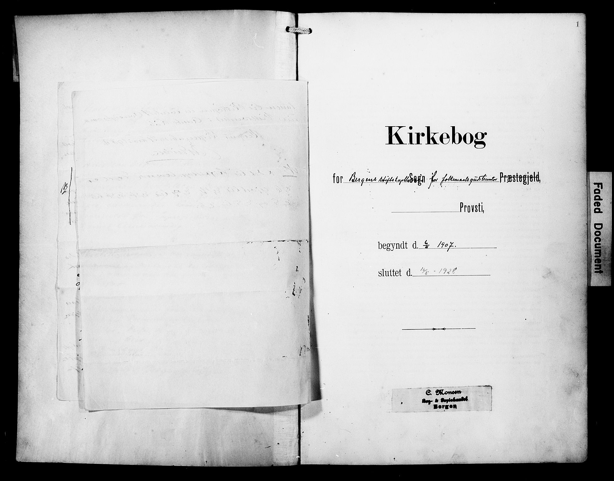Arkivreferanse mangler*, SAB/-: Ministerialbok nr. A 1, 1907-1928, s. 1