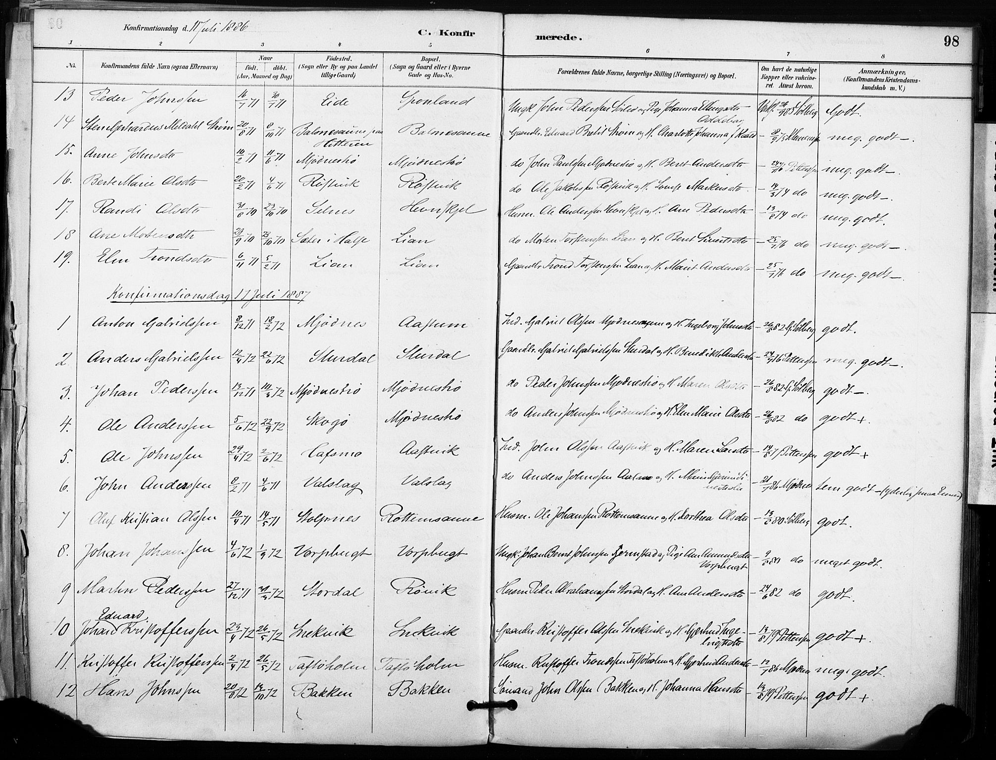 Ministerialprotokoller, klokkerbøker og fødselsregistre - Sør-Trøndelag, AV/SAT-A-1456/633/L0518: Ministerialbok nr. 633A01, 1884-1906, s. 98