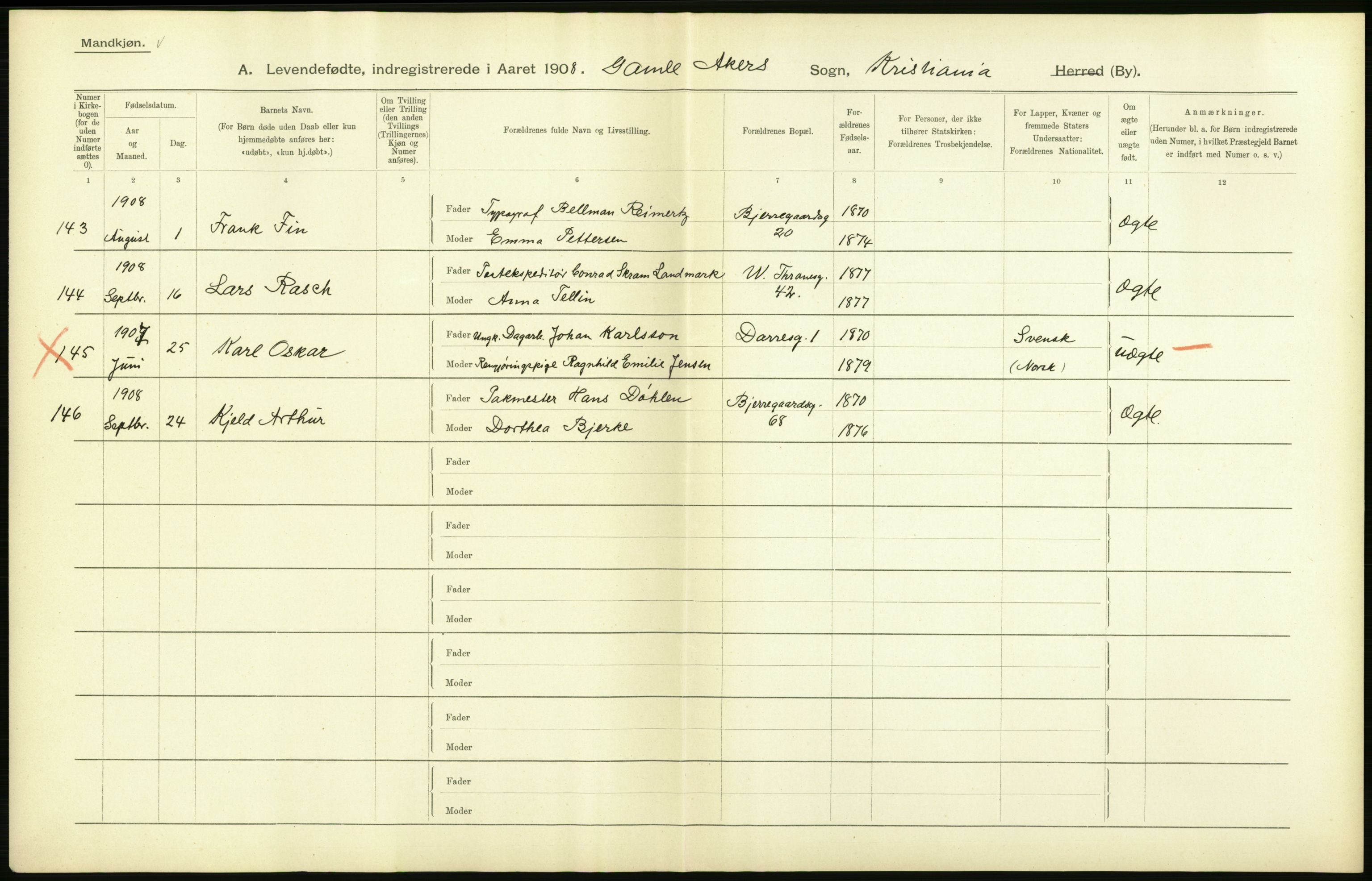 Statistisk sentralbyrå, Sosiodemografiske emner, Befolkning, AV/RA-S-2228/D/Df/Dfa/Dfaf/L0005: Kristiania: Levendefødte menn og kvinner., 1908, s. 570