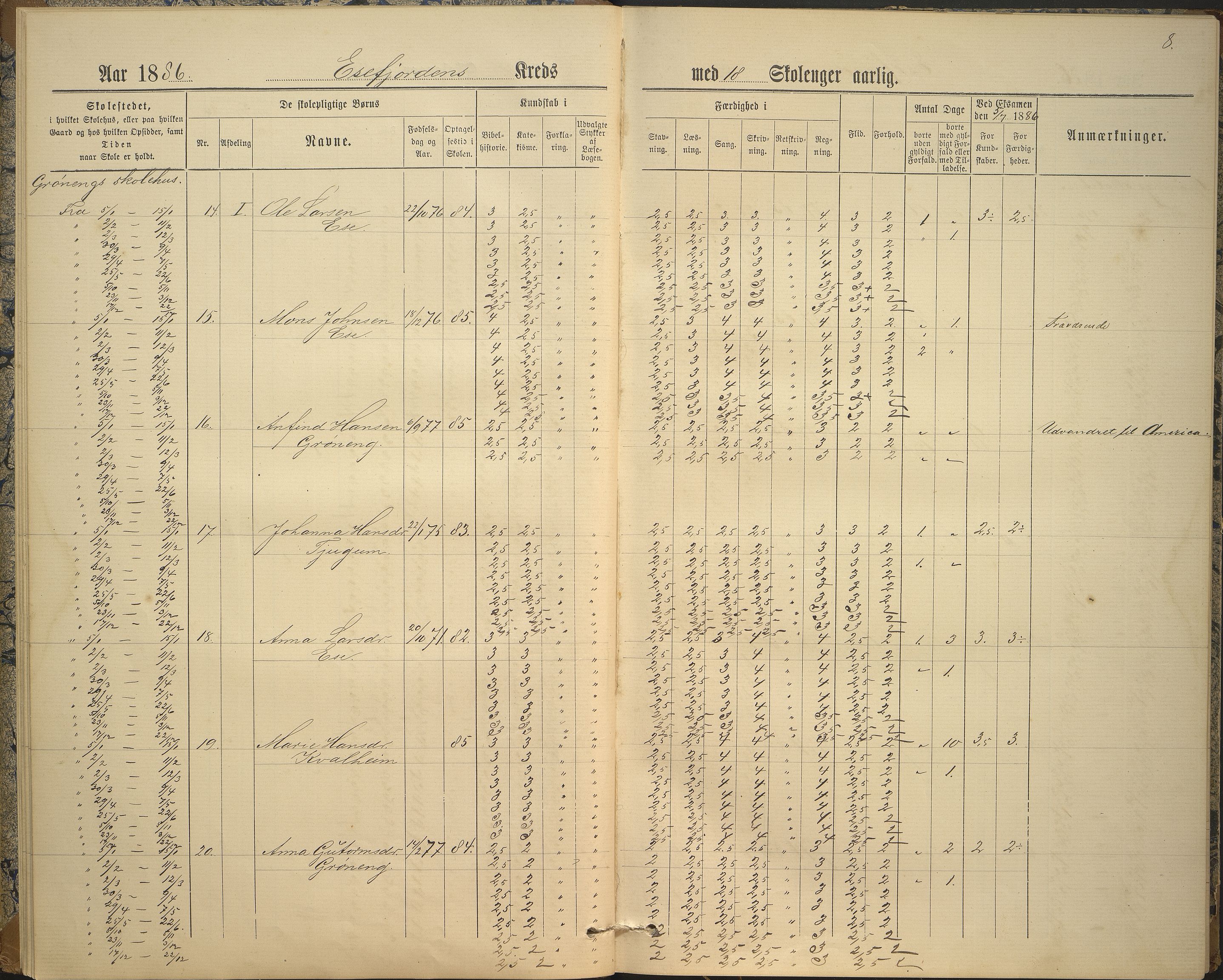 Balestrand kommune. Grøneng skule/Esefjorden skulekrins, VLFK/K-14180.520.07/542/L0001: skuleprotokoll for Esefjorden skulekrins, 1885-1913, s. 8