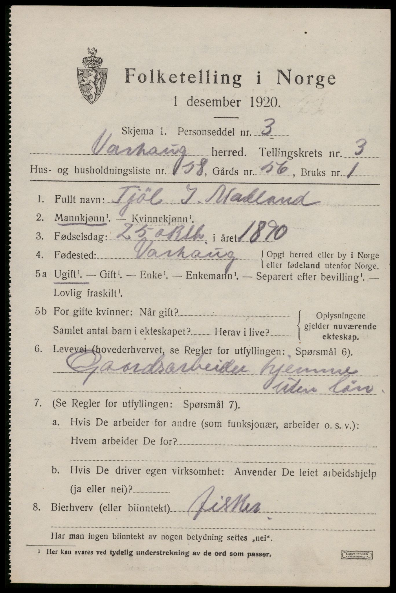 SAST, Folketelling 1920 for 1118 Varhaug herred, 1920, s. 3603