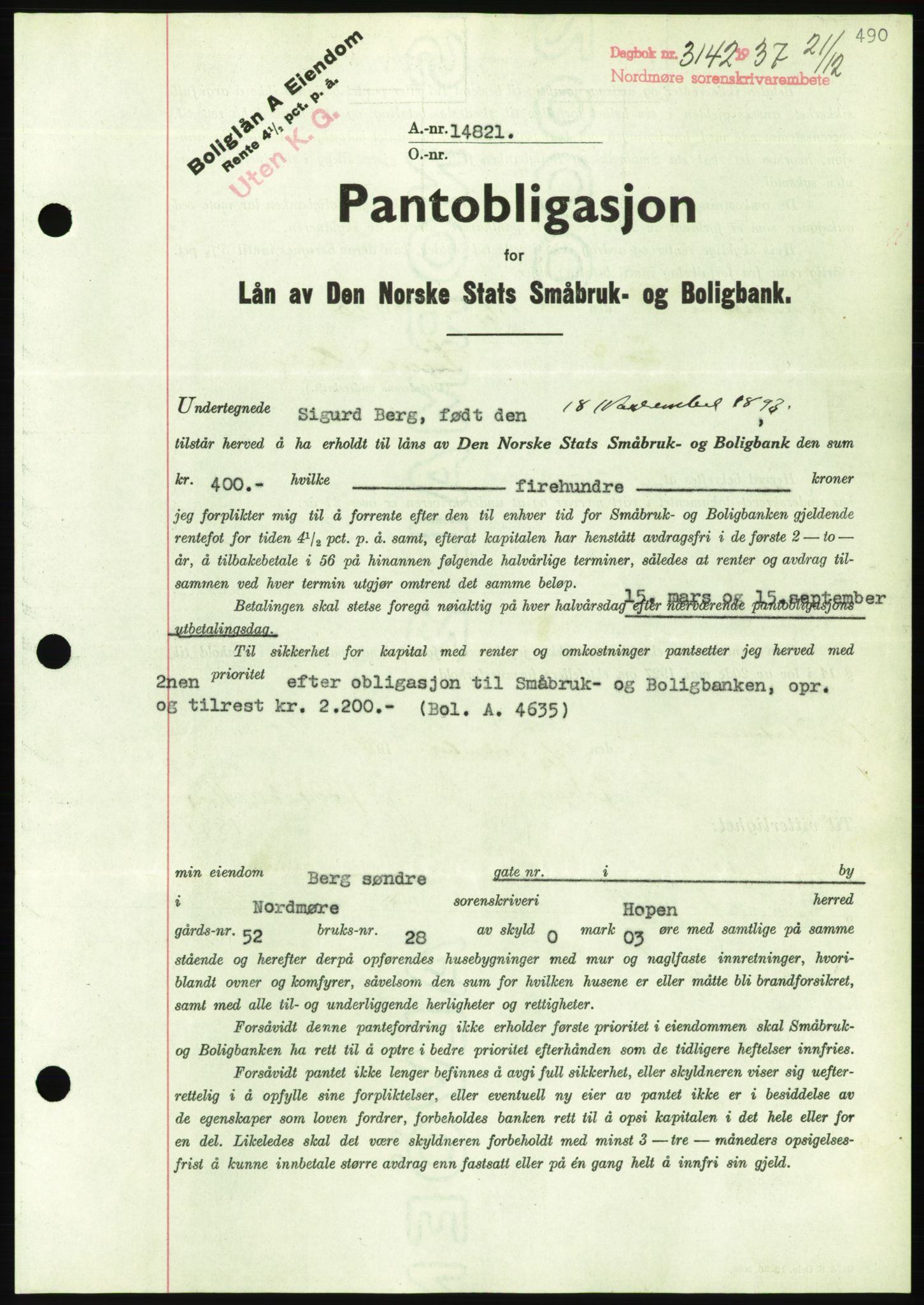 Nordmøre sorenskriveri, AV/SAT-A-4132/1/2/2Ca/L0092: Pantebok nr. B82, 1937-1938, Dagboknr: 3142/1937