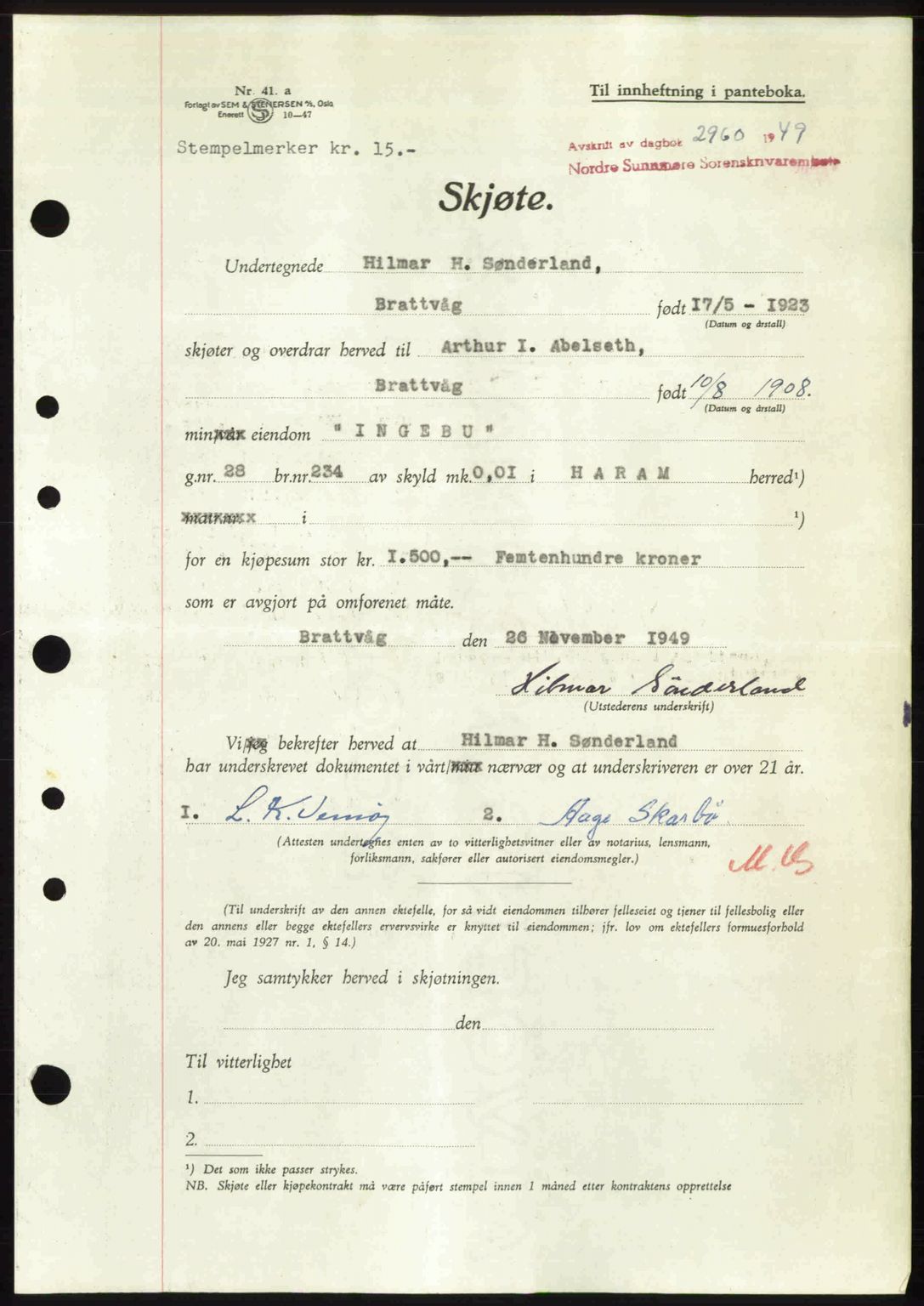 Nordre Sunnmøre sorenskriveri, SAT/A-0006/1/2/2C/2Ca: Pantebok nr. A33, 1949-1950, Dagboknr: 2960/1949