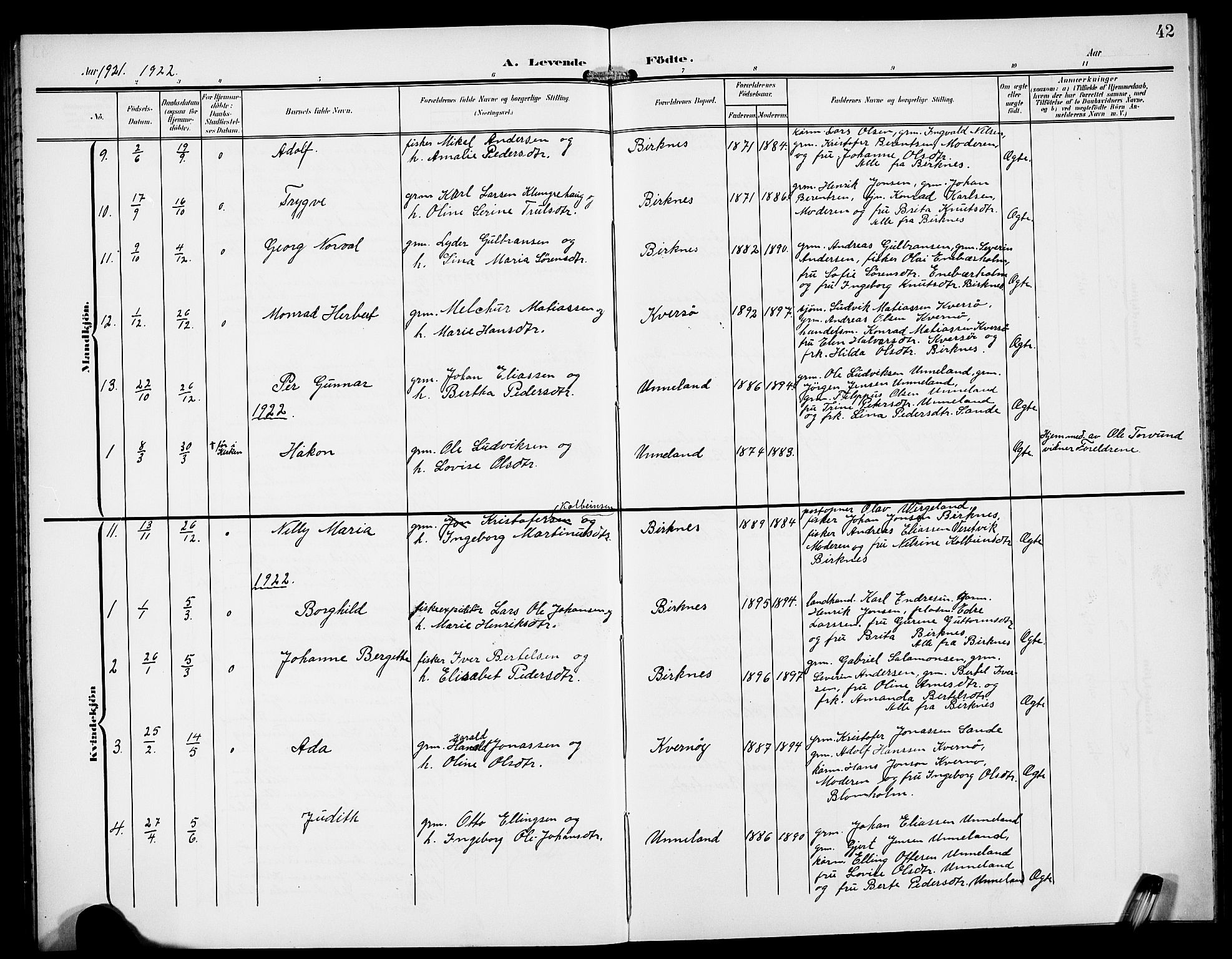 Gulen sokneprestembete, AV/SAB-A-80201/H/Hab/Habd/L0001: Klokkerbok nr. D 1, 1901-1924, s. 42