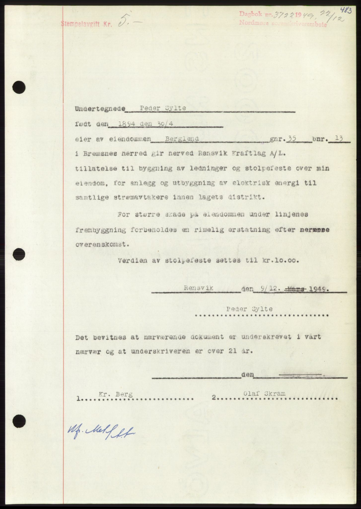 Nordmøre sorenskriveri, AV/SAT-A-4132/1/2/2Ca: Pantebok nr. B103, 1949-1950, Dagboknr: 3722/1949