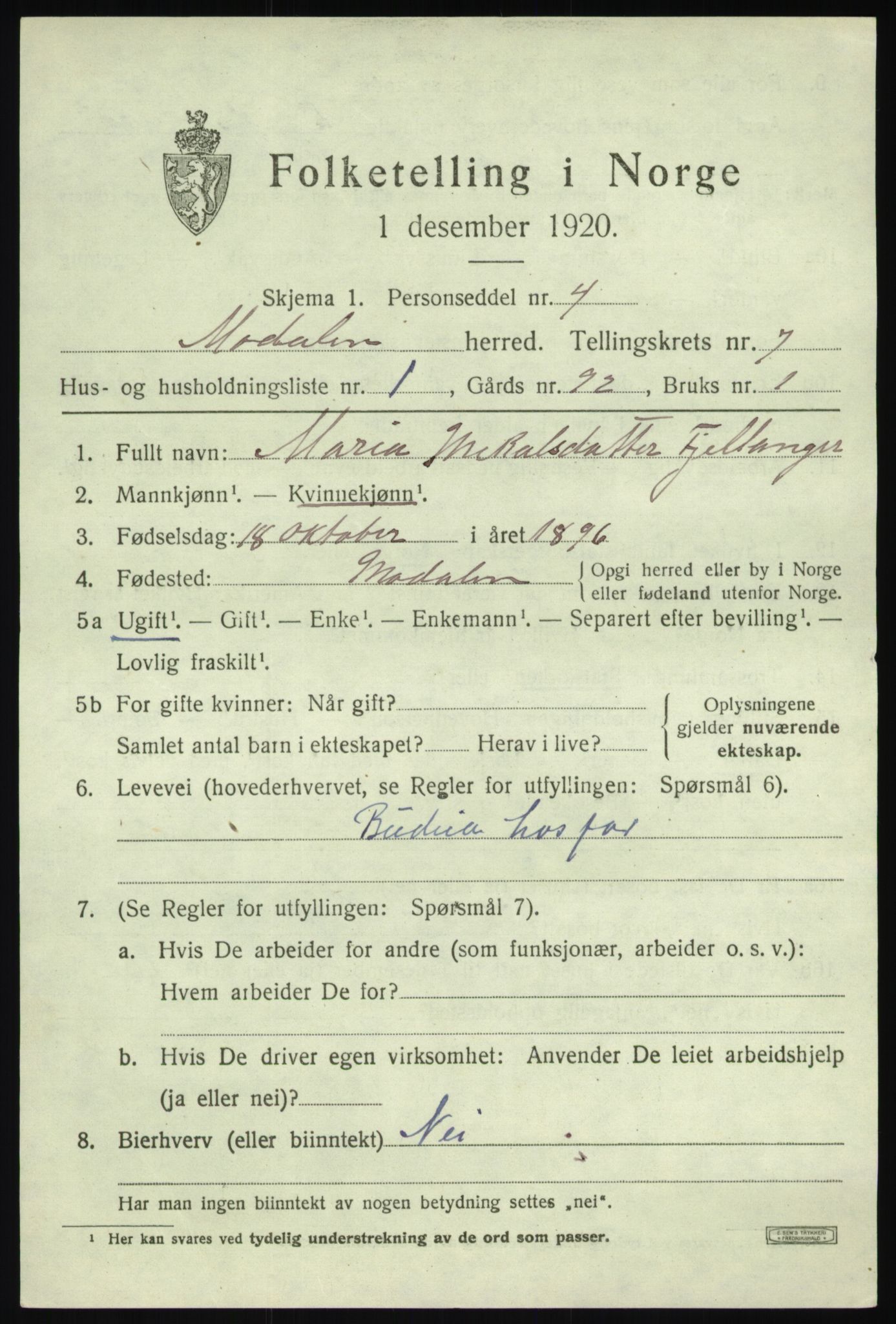 SAB, Folketelling 1920 for 1252 Modalen herred, 1920, s. 1386