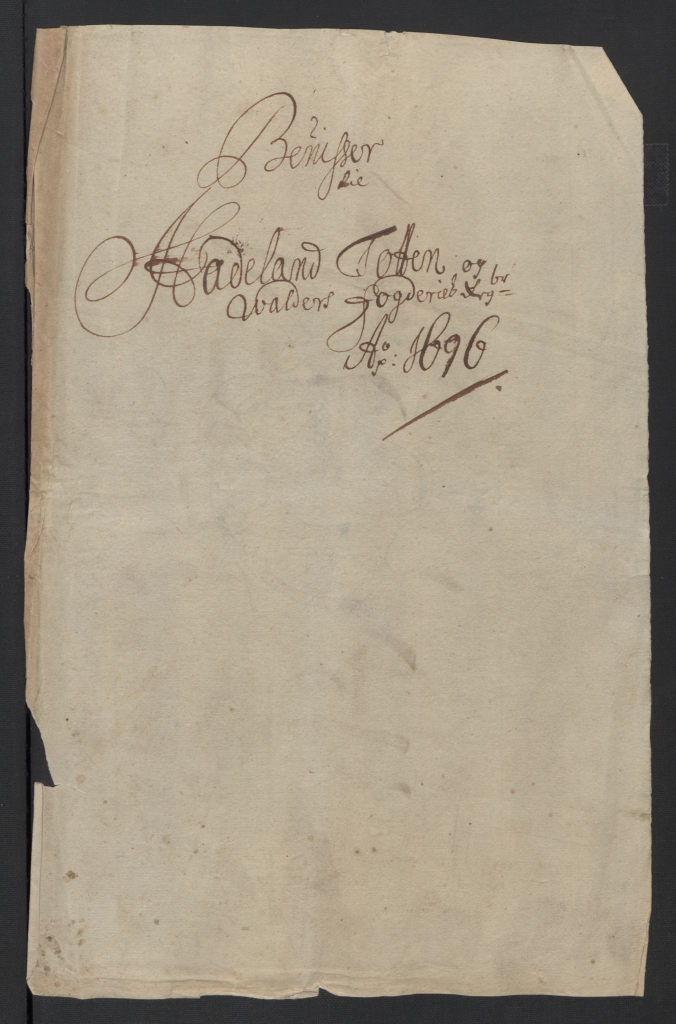 Rentekammeret inntil 1814, Reviderte regnskaper, Fogderegnskap, RA/EA-4092/R18/L1294: Fogderegnskap Hadeland, Toten og Valdres, 1696, s. 15