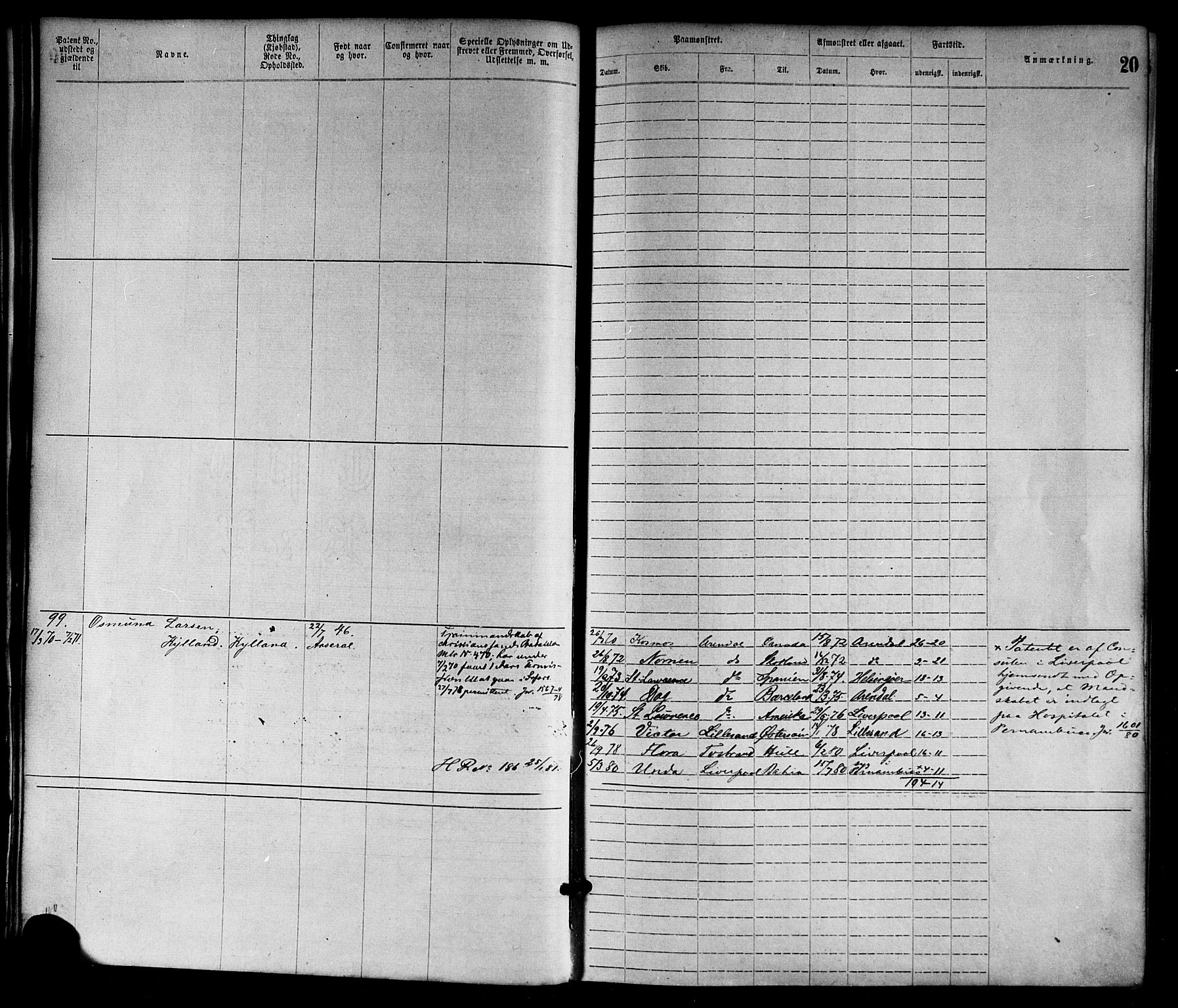 Lillesand mønstringskrets, SAK/2031-0014/F/Fa/L0004: Annotasjonsrulle nr 1-1920 med register, G-1, 1869-1891, s. 40