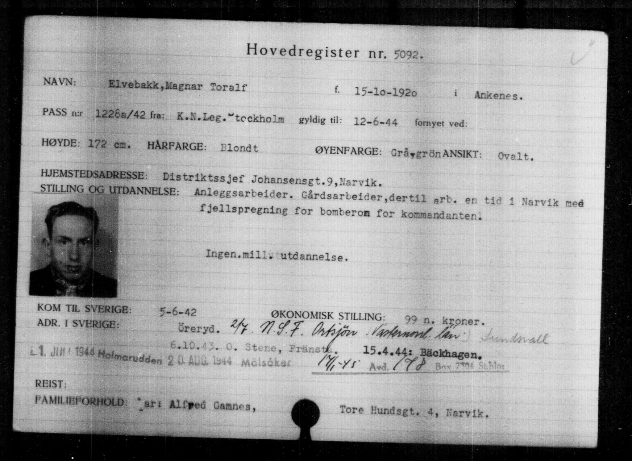 Utenriksstasjonene, Legasjonen i Stockholm, Flyktningkontoret, AV/RA-S-6753/V/Va/L0004: Kjesäterkartoteket, flyktninger med registreringsnr. 3496-6610, 1940-1945, s. 1885