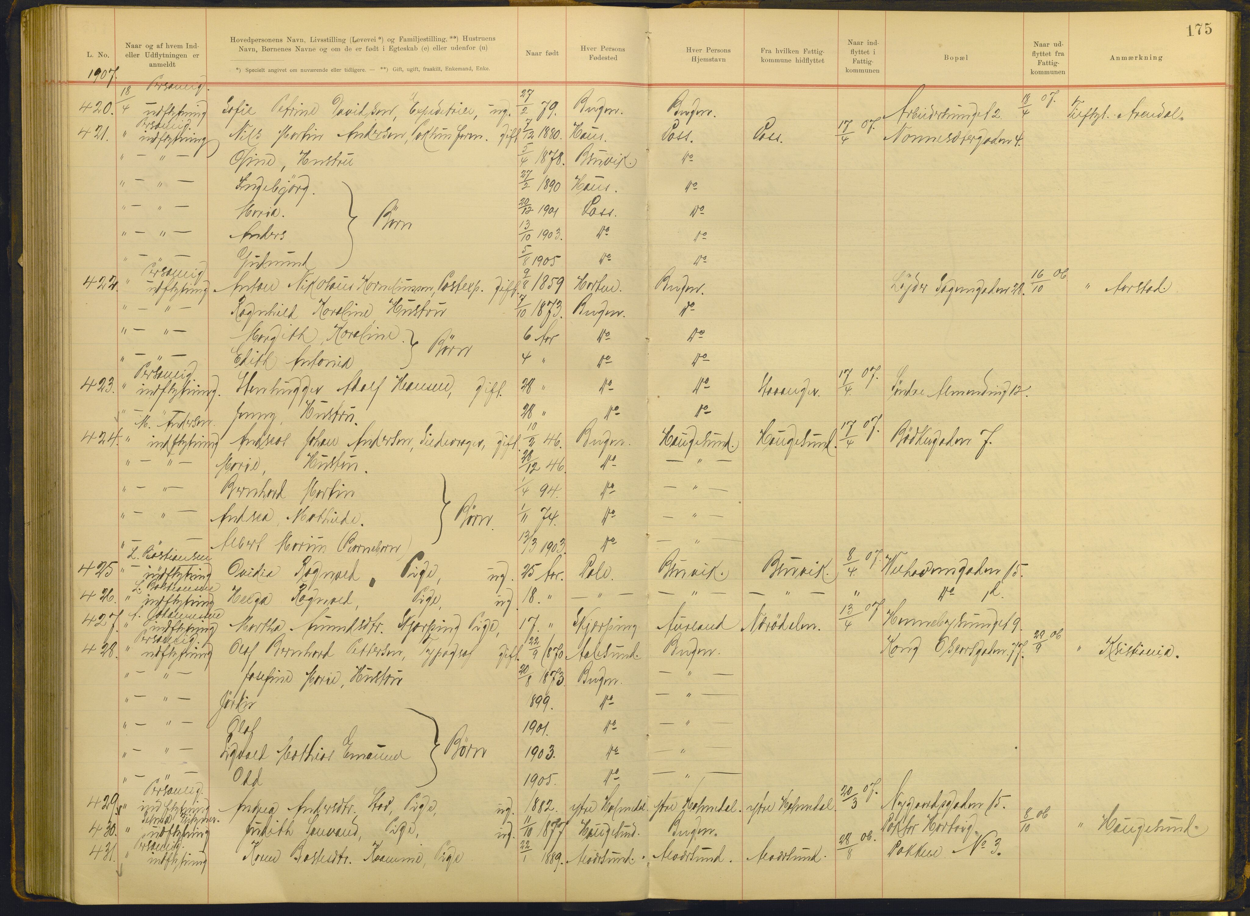 Bergen politikammer / politidistrikt, AV/SAB-A-60401/J.g/L0004: Protokoll over inn- og utflyttede, 1905-1908, s. 175