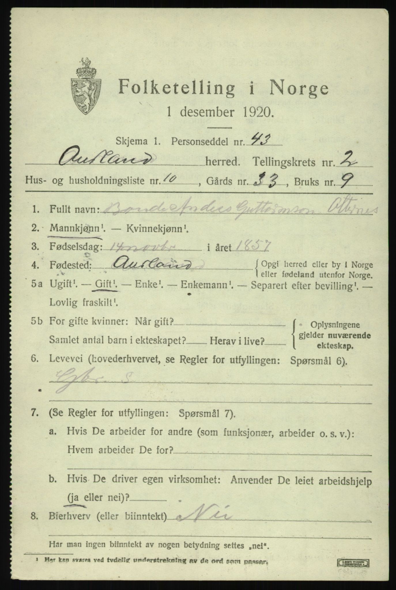 SAB, Folketelling 1920 for 1421 Aurland herred, 1920, s. 1914