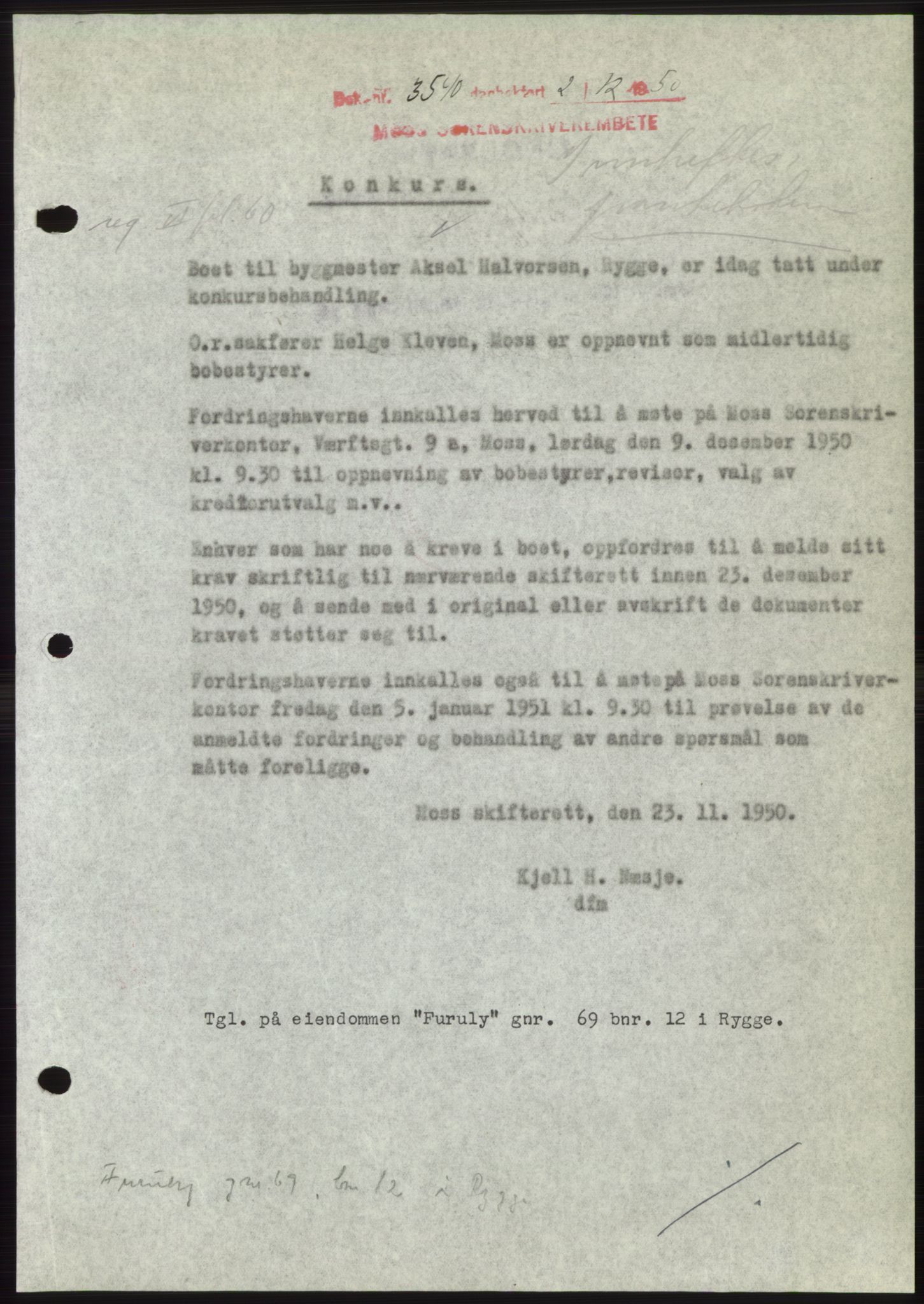 Moss sorenskriveri, SAO/A-10168: Pantebok nr. B25, 1950-1950, Dagboknr: 3540/1950