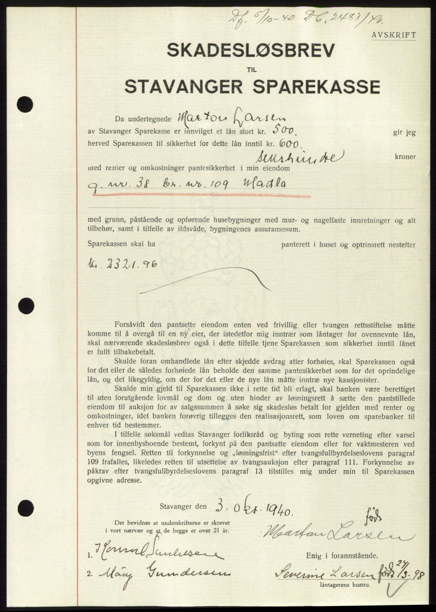 Jæren sorenskriveri, SAST/A-100310/03/G/Gba/L0078: Pantebok, 1940-1940, Dagboknr: 2483/1940