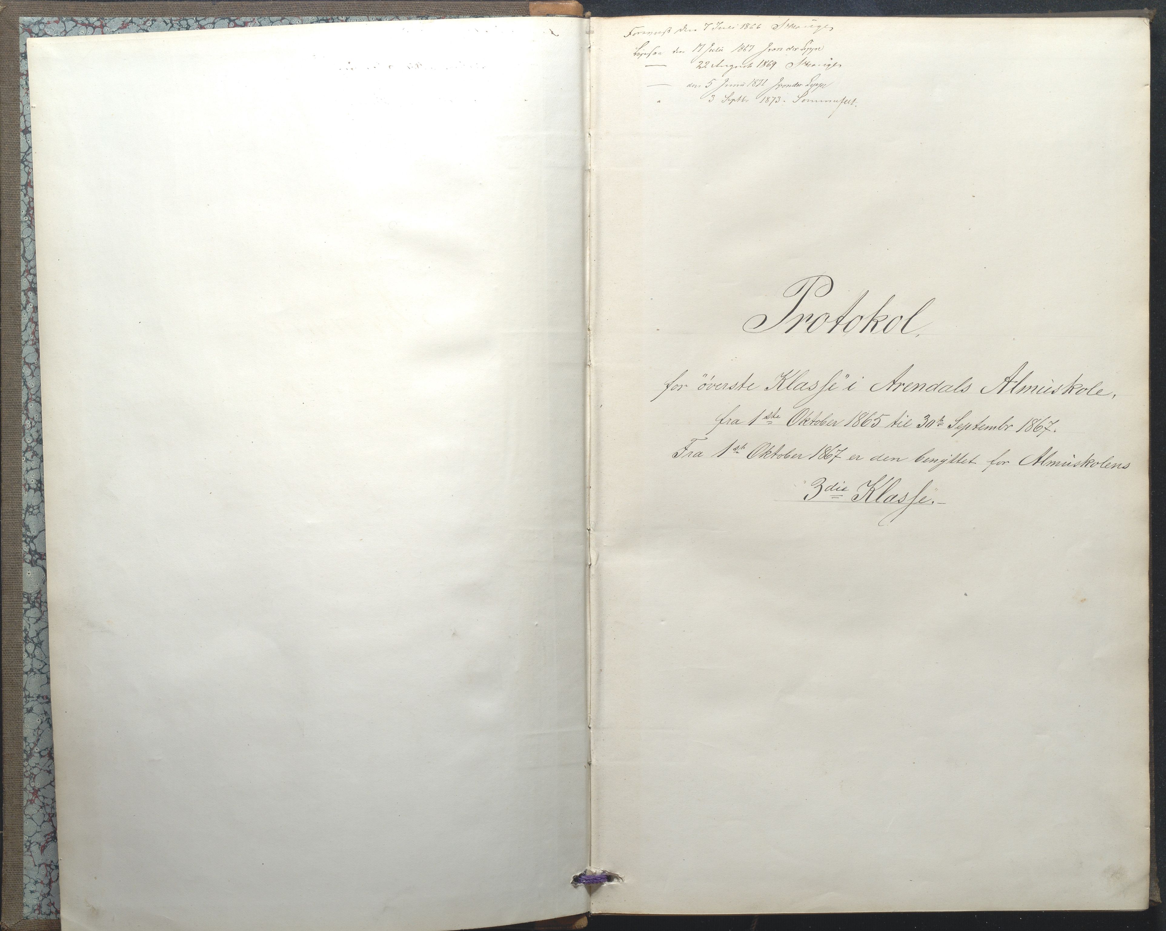 Arendal kommune, Katalog I, AAKS/KA0906-PK-I/07/L0035: Protokoll for øverste klasse (fra 1/10 1867 - 1875 benyttet for 3. klasse), 1865-1867