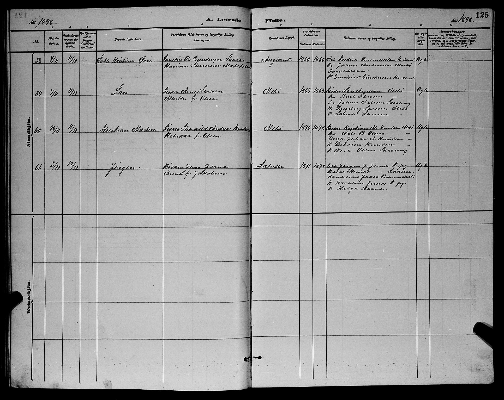 Oddernes sokneprestkontor, AV/SAK-1111-0033/F/Fb/Fba/L0008: Klokkerbok nr. B 8, 1887-1898, s. 125