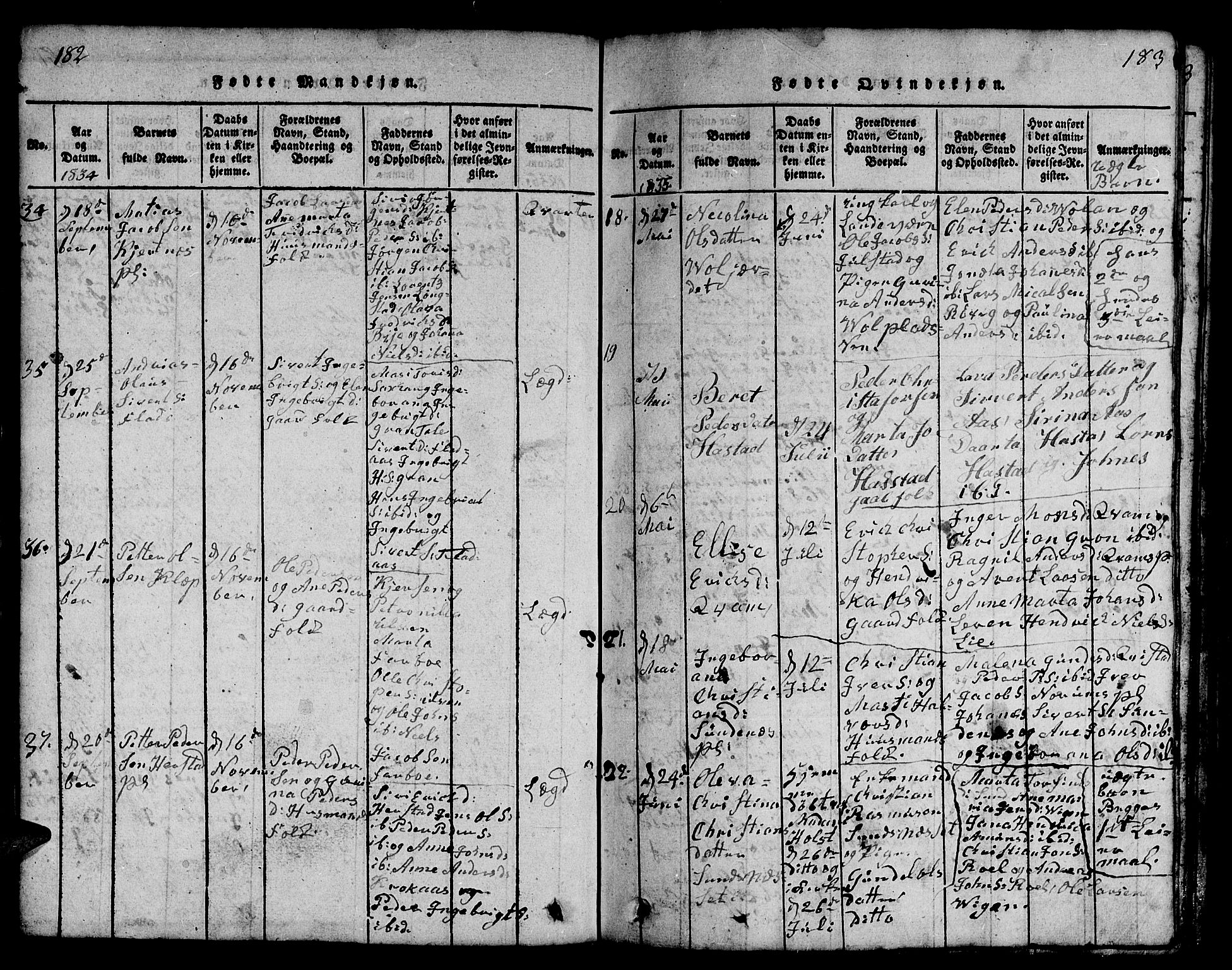 Ministerialprotokoller, klokkerbøker og fødselsregistre - Nord-Trøndelag, SAT/A-1458/730/L0298: Klokkerbok nr. 730C01, 1816-1849, s. 182-183