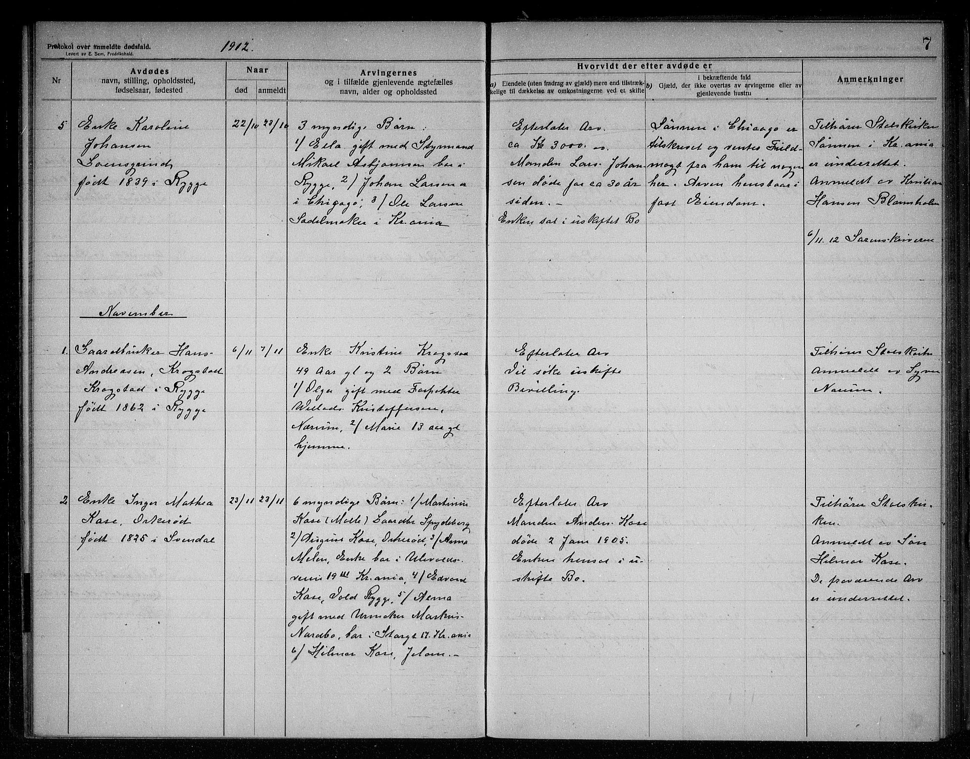 Rygge lensmannskontor, AV/SAO-A-10005/H/Ha/Haa/L0005: Dødsfallsprotokoll, 1912-1916, s. 7
