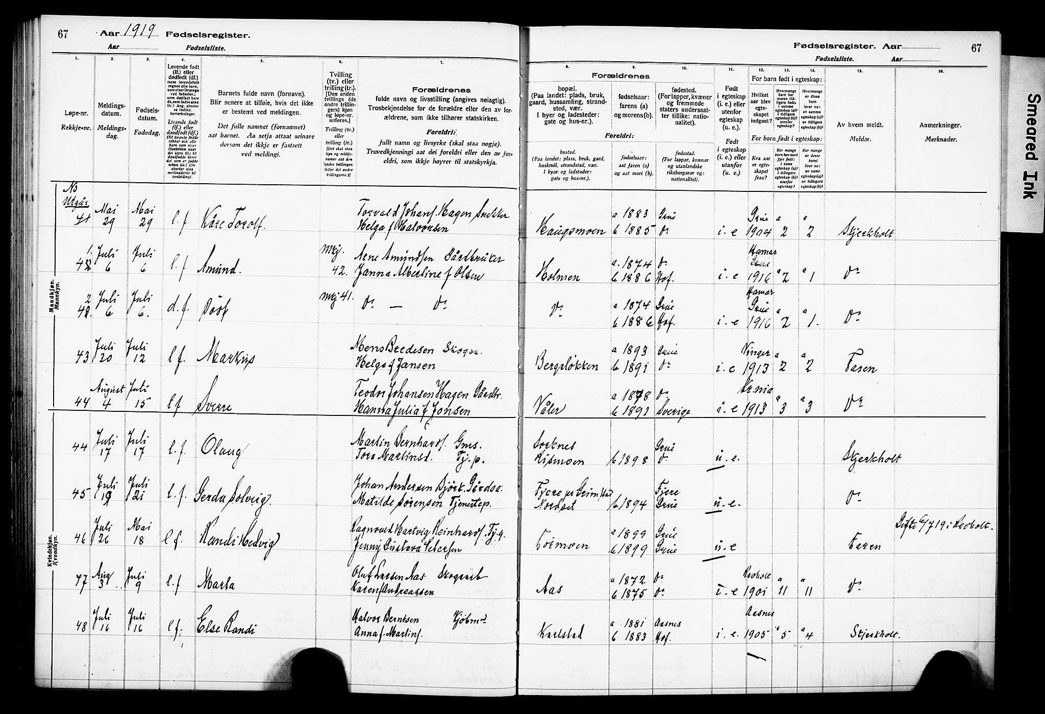 Grue prestekontor, AV/SAH-PREST-036/I/Id/Ida/L0001: Fødselsregister nr. I 1, 1916-1926, s. 67