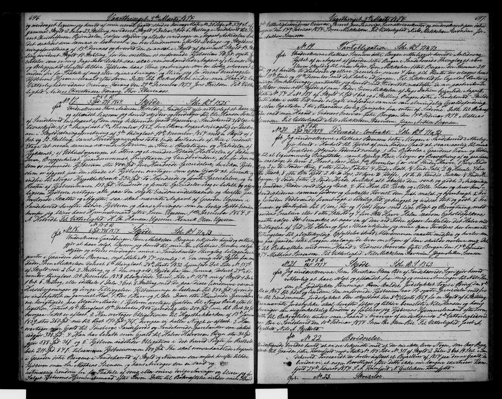 Larvik sorenskriveri, SAKO/A-83/G/Ga/Gab/L0016b: Pantebok nr. II 16b, 1873-1875, s. 696-697