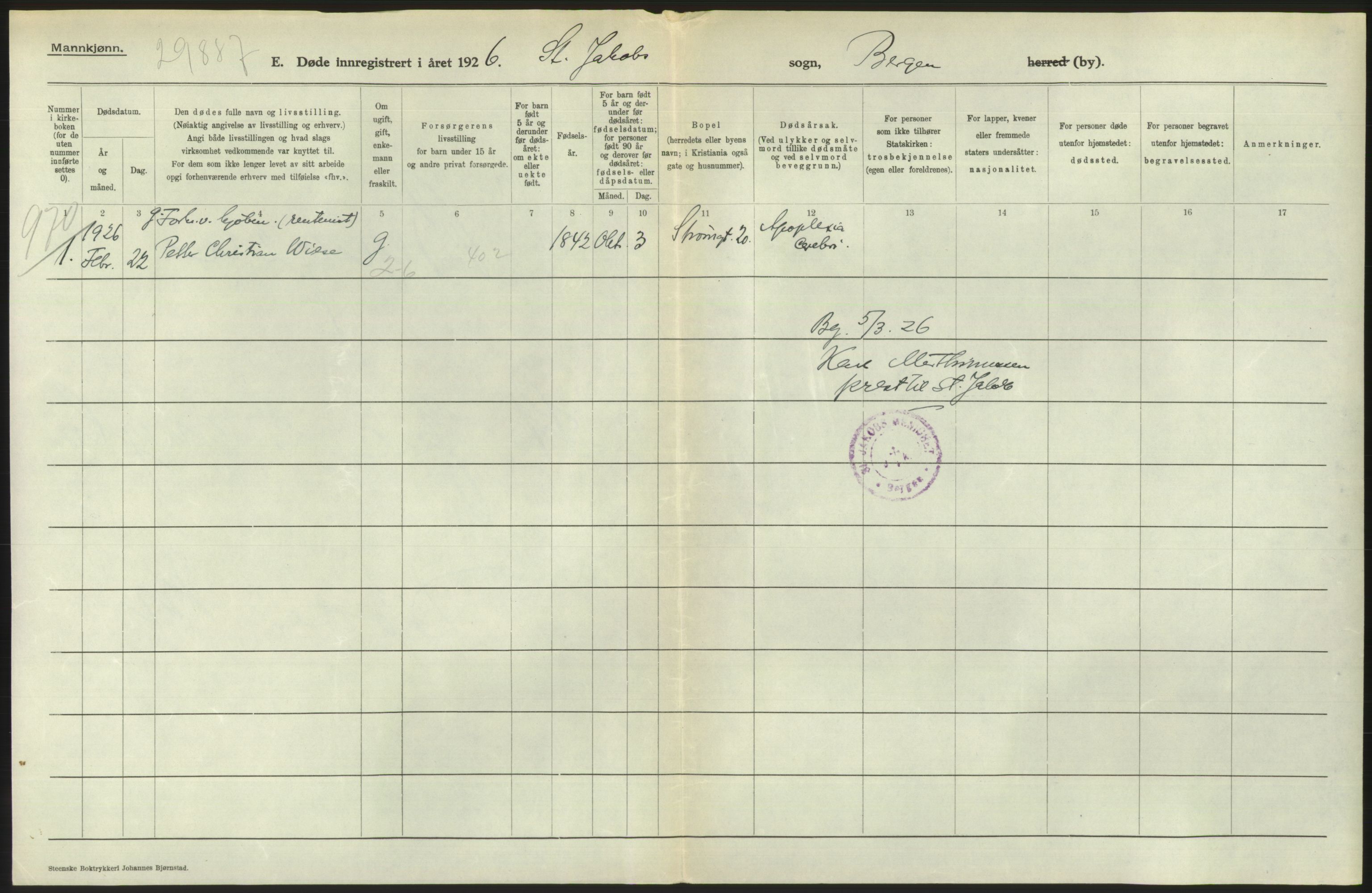 Statistisk sentralbyrå, Sosiodemografiske emner, Befolkning, AV/RA-S-2228/D/Df/Dfc/Dfcf/L0028: Bergen: Gifte, døde, dødfødte., 1926, s. 752