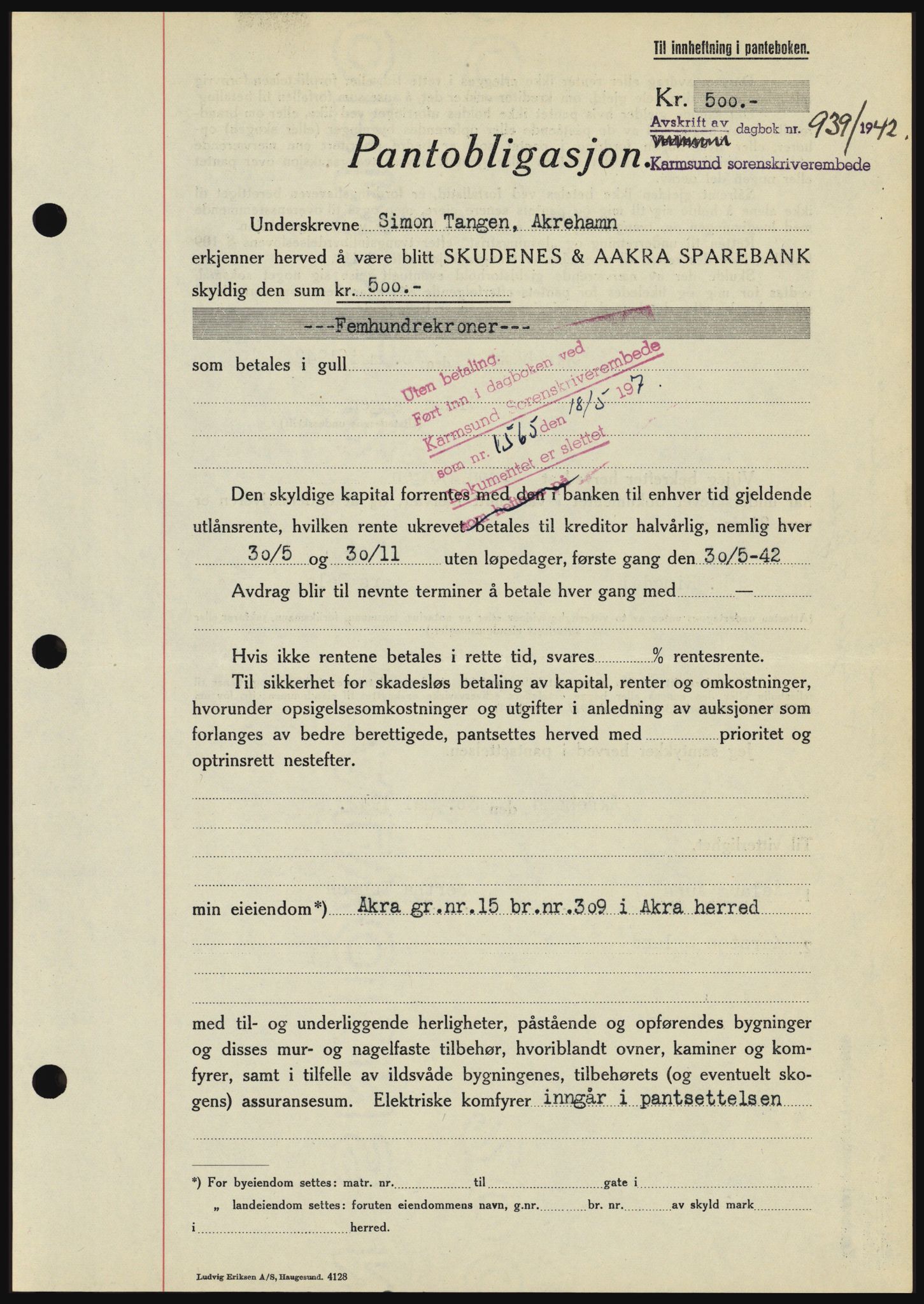 Karmsund sorenskriveri, SAST/A-100311/01/II/IIBBE/L0008: Pantebok nr. B 54, 1942-1943, Dagboknr: 939/1942