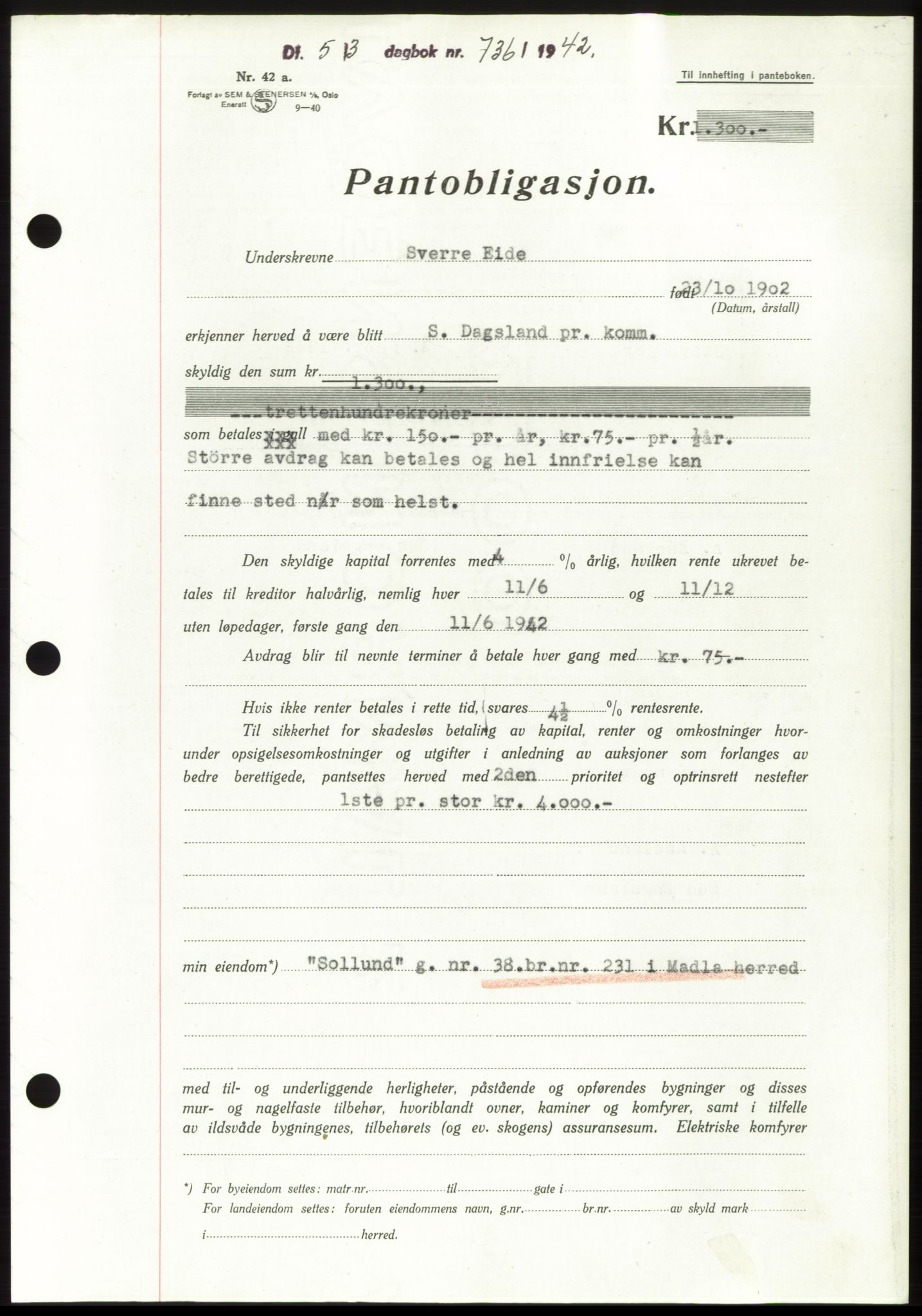 Jæren sorenskriveri, SAST/A-100310/03/G/Gba/L0082: Pantebok, 1942-1942, Dagboknr: 736/1942