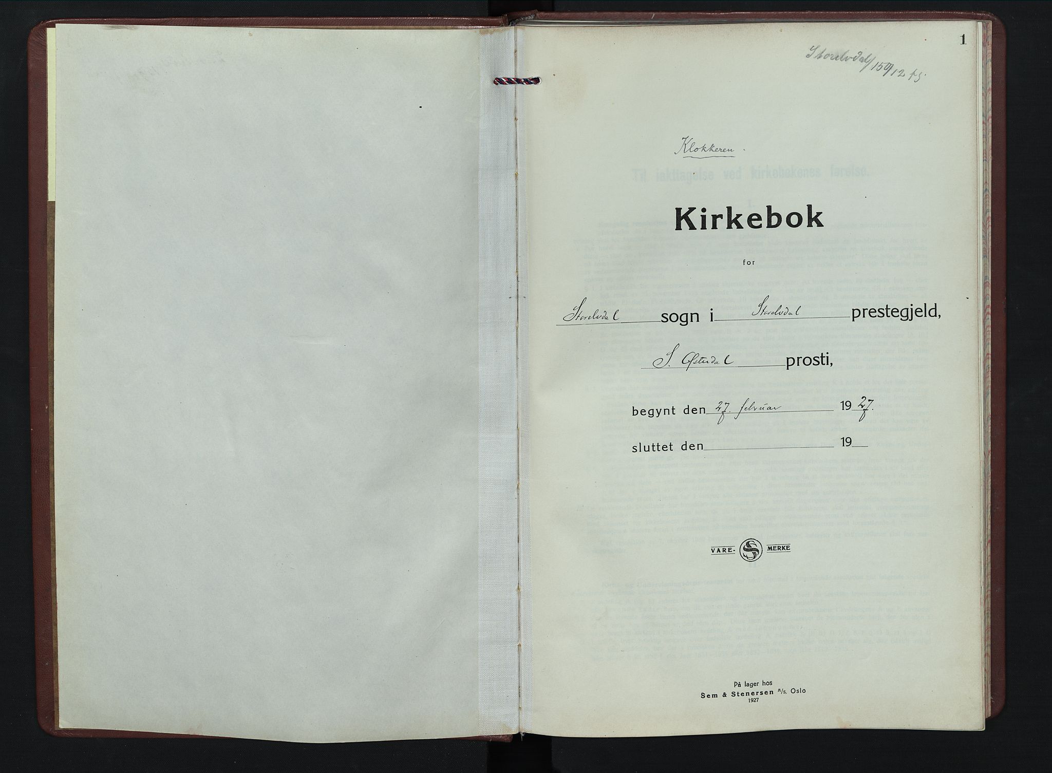 Stor-Elvdal prestekontor, AV/SAH-PREST-052/H/Ha/Hab/L0009: Klokkerbok nr. 9, 1927-1955, s. 1