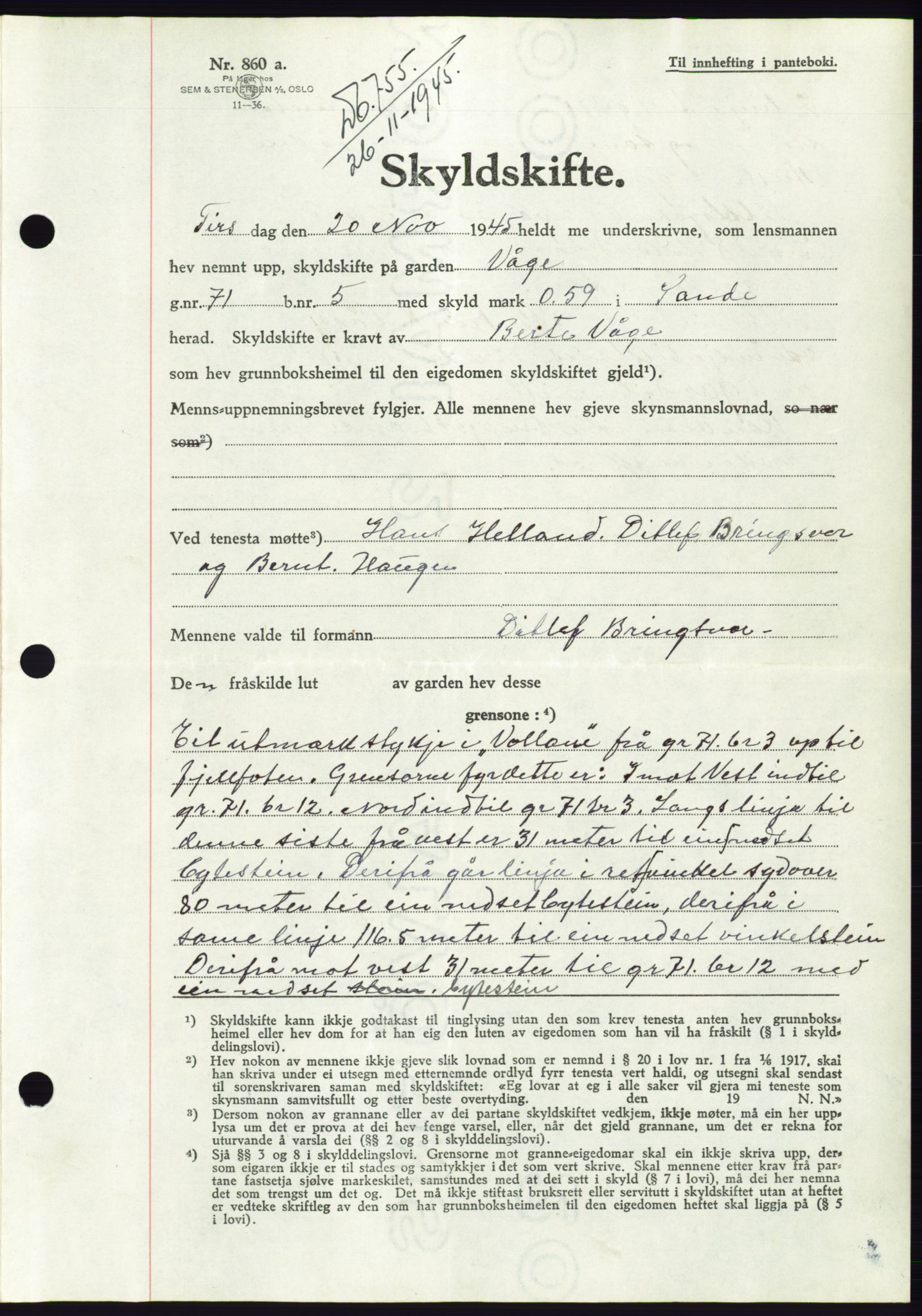 Søre Sunnmøre sorenskriveri, AV/SAT-A-4122/1/2/2C/L0077: Pantebok nr. 3A, 1945-1946, Dagboknr: 755/1945