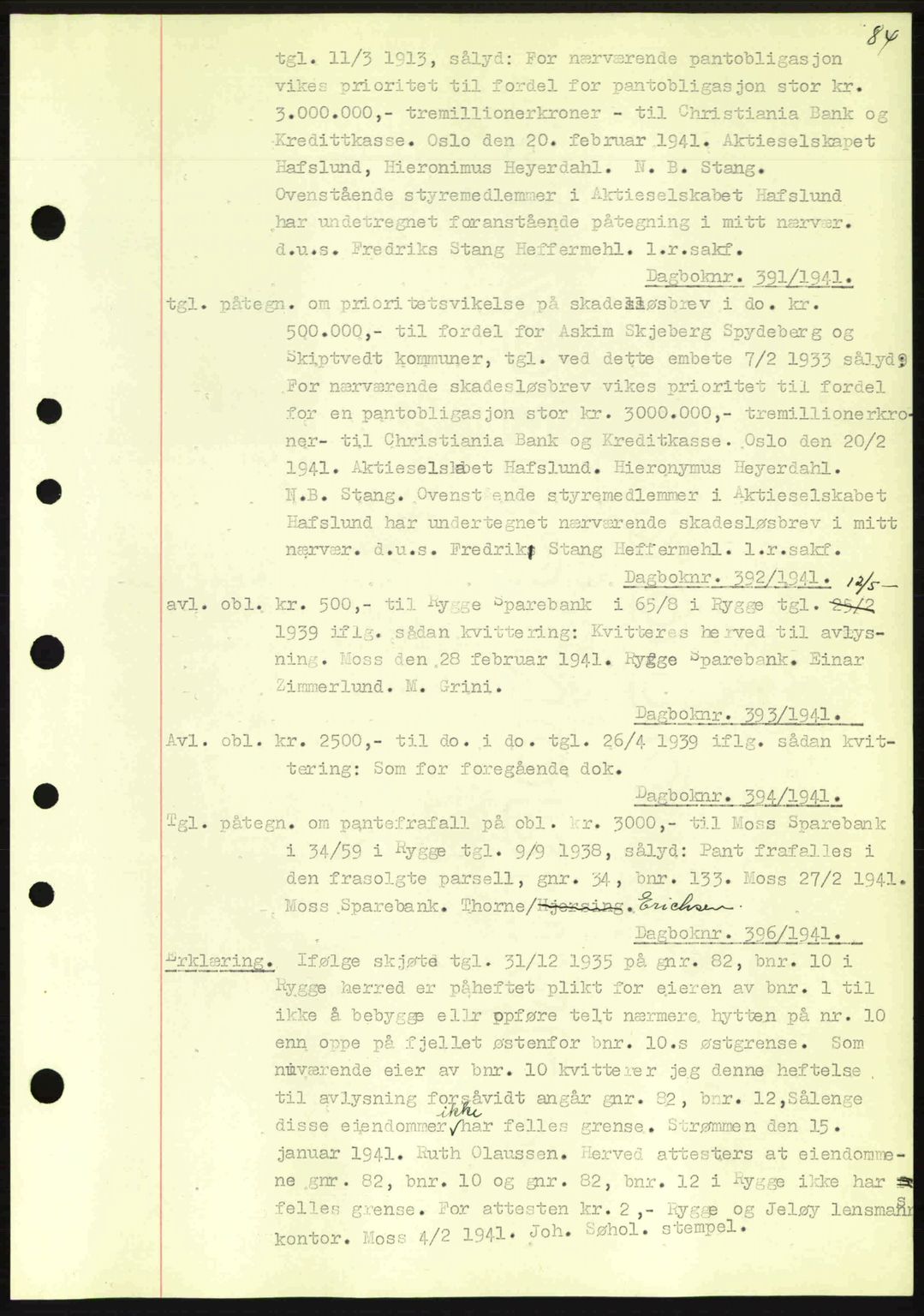 Moss sorenskriveri, SAO/A-10168: Pantebok nr. B10, 1940-1941, Dagboknr: 391/1941