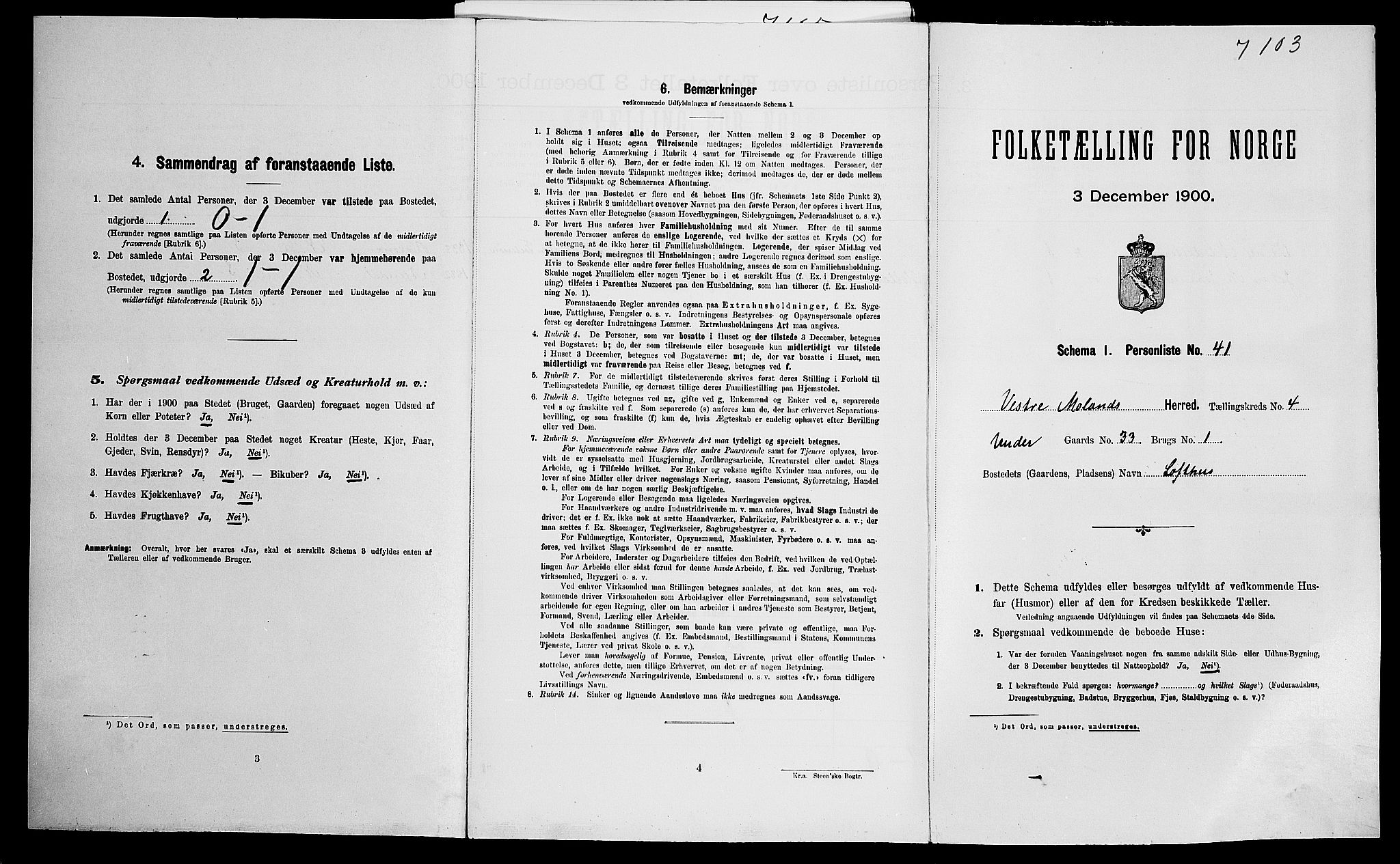SAK, Folketelling 1900 for 0926 Vestre Moland herred, 1900, s. 484