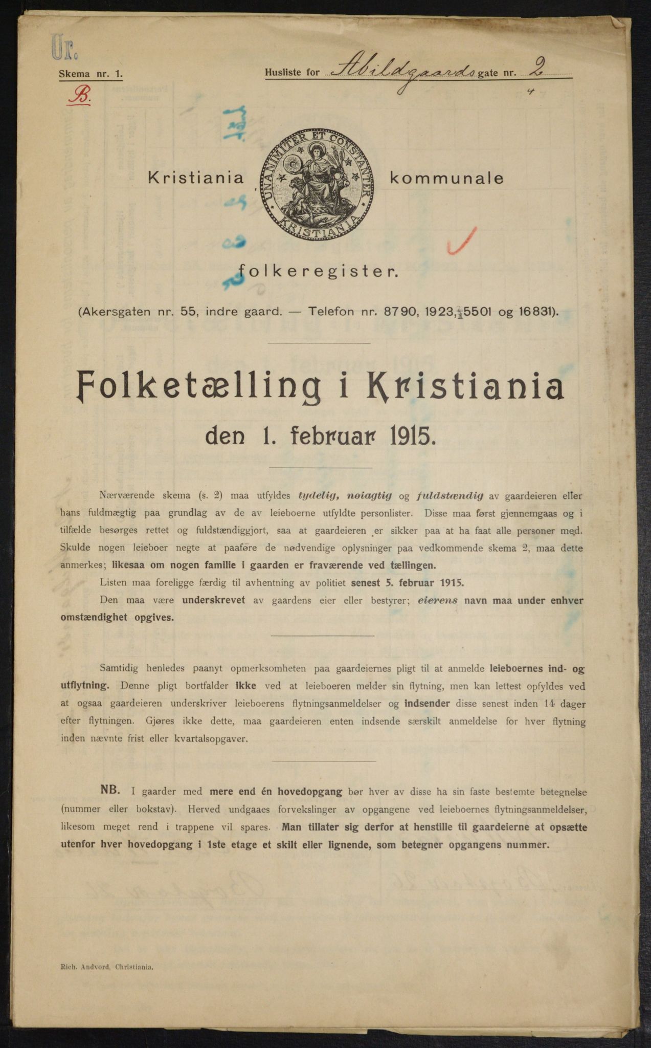 OBA, Kommunal folketelling 1.2.1915 for Kristiania, 1915, s. 2