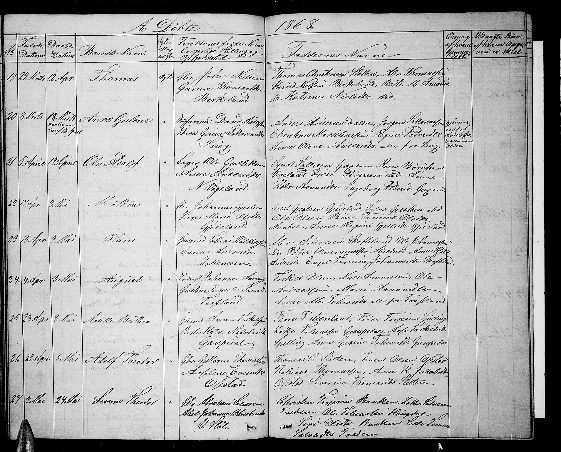 Sør-Audnedal sokneprestkontor, AV/SAK-1111-0039/F/Fb/Fbb/L0003: Klokkerbok nr. B 3, 1859-1868, s. 77