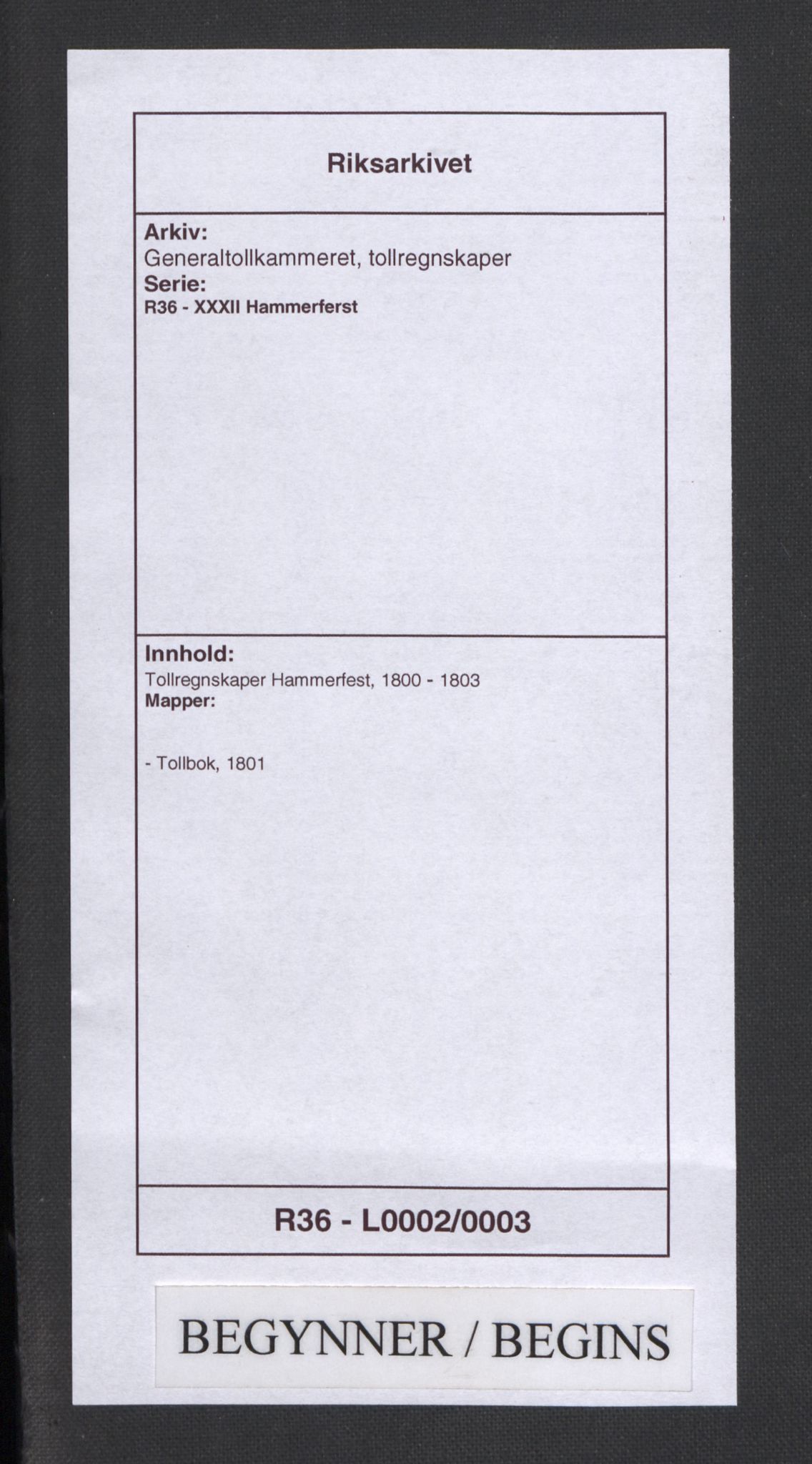 Generaltollkammeret, tollregnskaper, RA/EA-5490/R36/L0002/0003: Tollregnskaper Hammerfest / Tollbok, 1801
